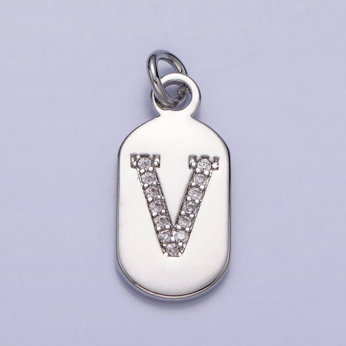Silver Rectangular Tag CZ Clear Micro Paved Personalized Initial Alphabet Name Tag Charm | A-A1887-A-A1898
