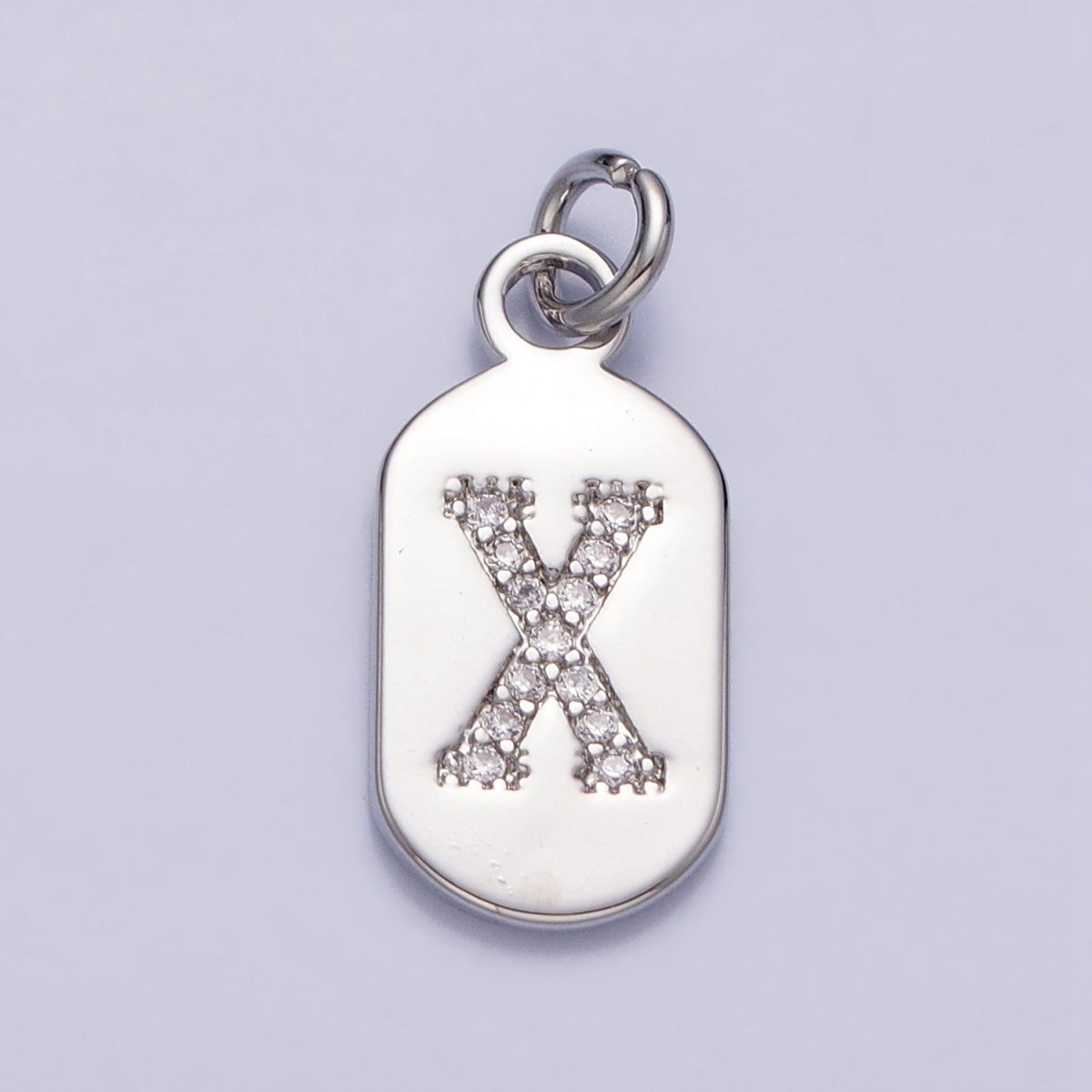 Silver Rectangular Tag CZ Clear Micro Paved Personalized Initial Alphabet Name Tag Charm | A-A1887-A-A1898