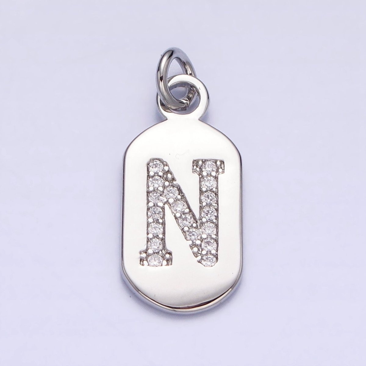 Silver Rectangular Tag CZ Clear Micro Paved Personalized Initial Alphabet Name Tag Charm | A-A1887-A-A1898