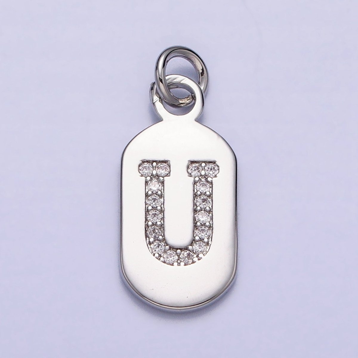 Silver Rectangular Tag CZ Clear Micro Paved Personalized Initial Alphabet Name Tag Charm | A-A1887-A-A1898