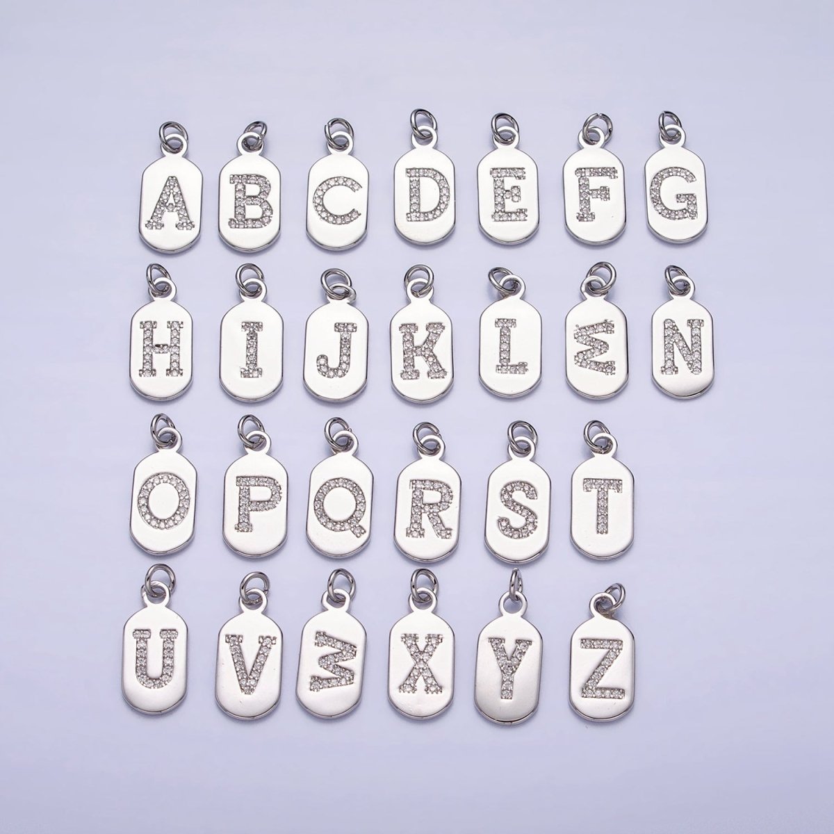 Silver Rectangular Tag CZ Clear Micro Paved Personalized Initial Alphabet Name Tag Charm | A-A1887-A-A1898