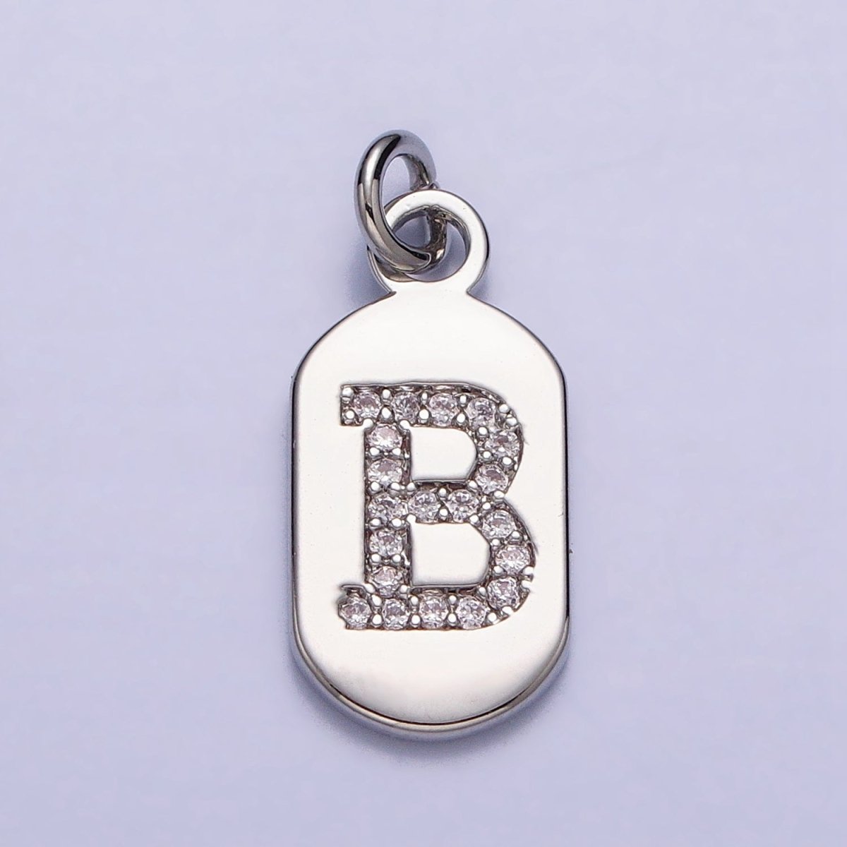 Silver Rectangular Tag CZ Clear Micro Paved Personalized Initial Alphabet Name Tag Charm | A-A1887-A-A1898