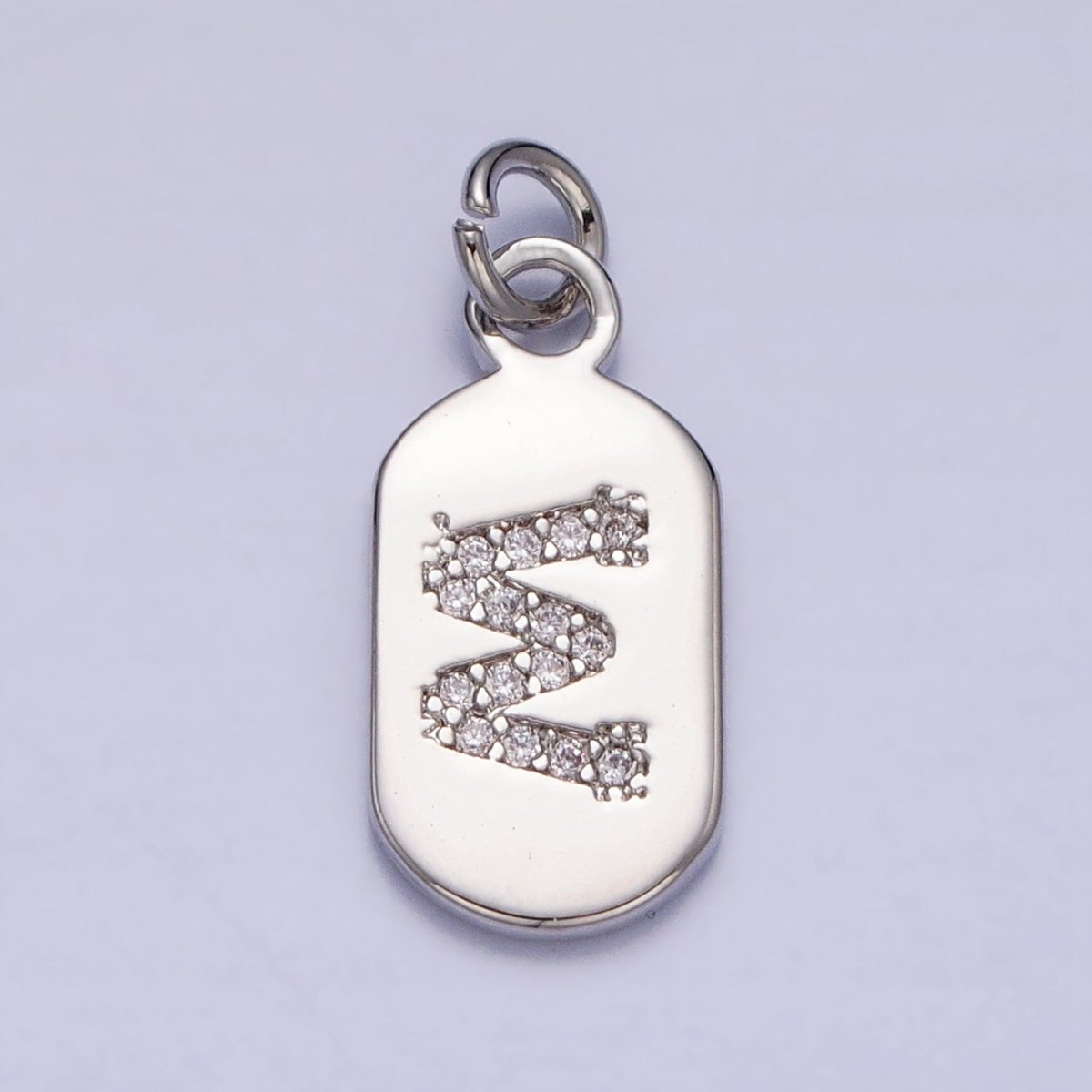 Silver Rectangular Tag CZ Clear Micro Paved Personalized Initial Alphabet Name Tag Charm | A-A1887-A-A1898