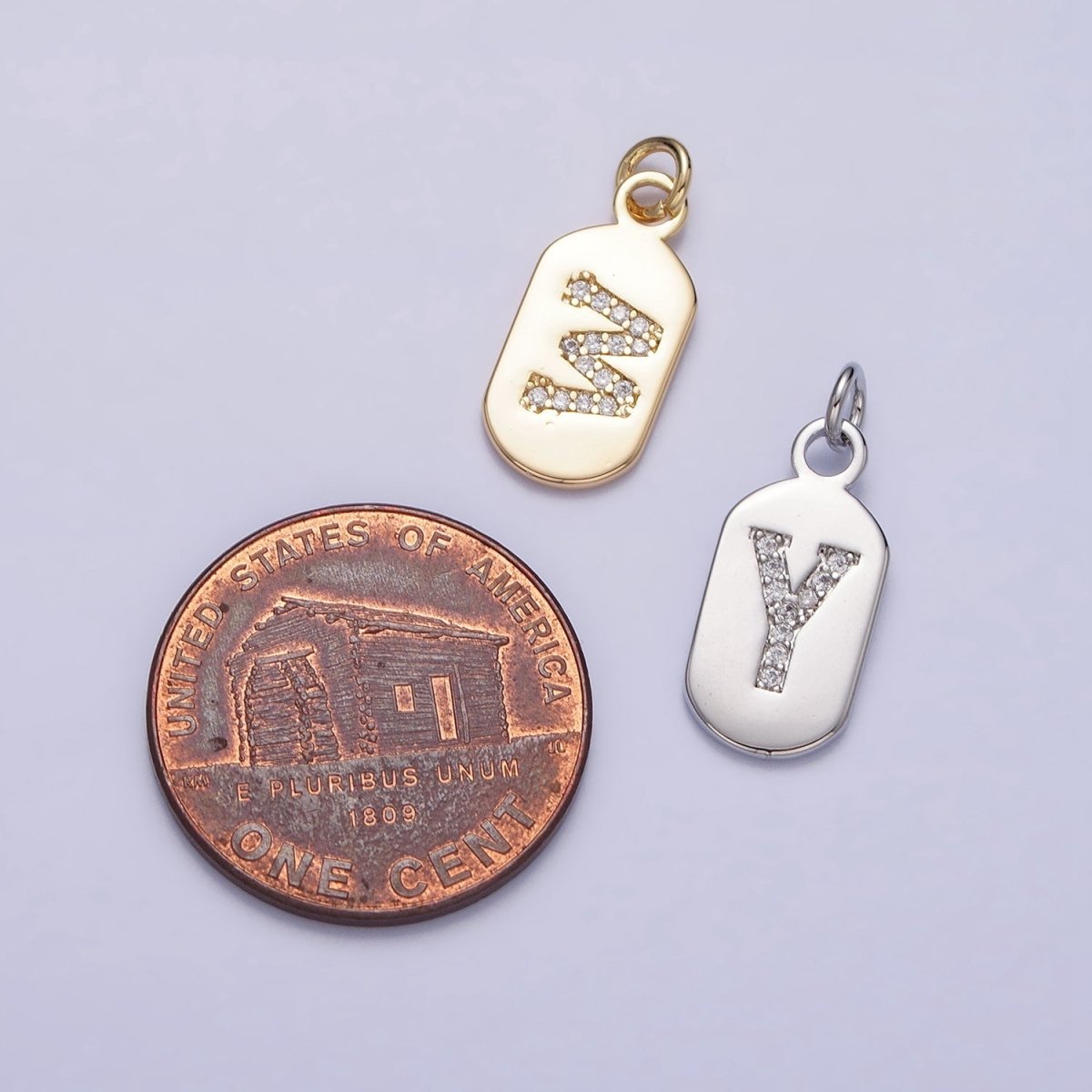 Silver Rectangular Tag CZ Clear Micro Paved Personalized Initial Alphabet Name Tag Charm | A-A1887-A-A1898
