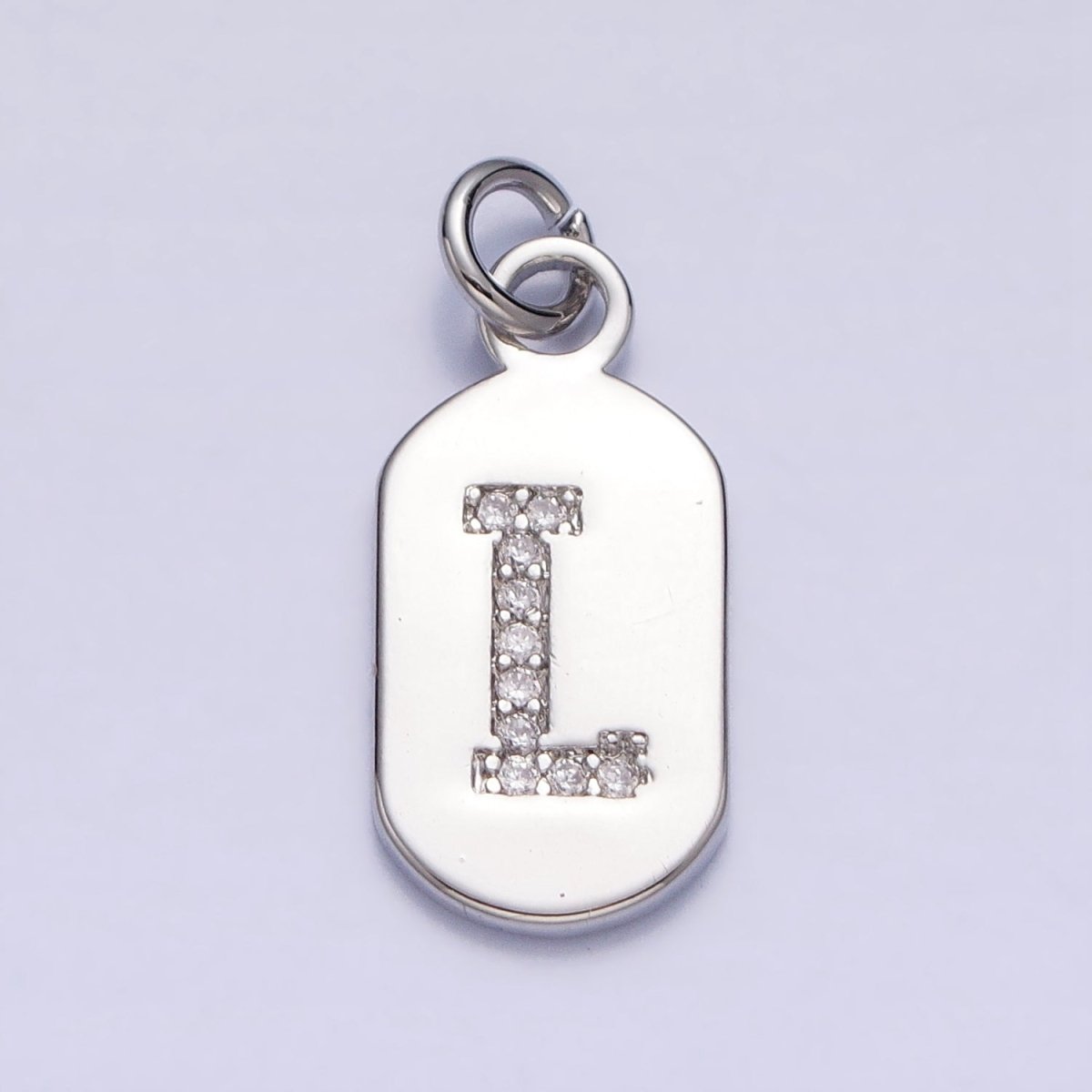 Silver Rectangular Tag CZ Clear Micro Paved Personalized Initial Alphabet Name Tag Charm | A-A1887-A-A1898