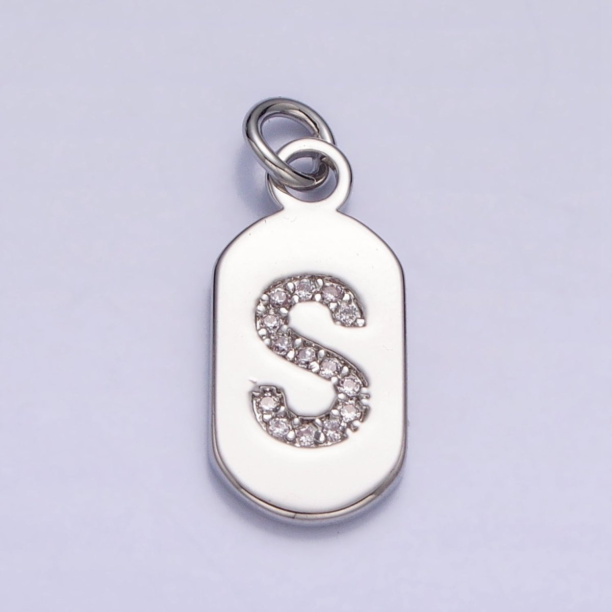 Silver Rectangular Tag CZ Clear Micro Paved Personalized Initial Alphabet Name Tag Charm | A-A1887-A-A1898