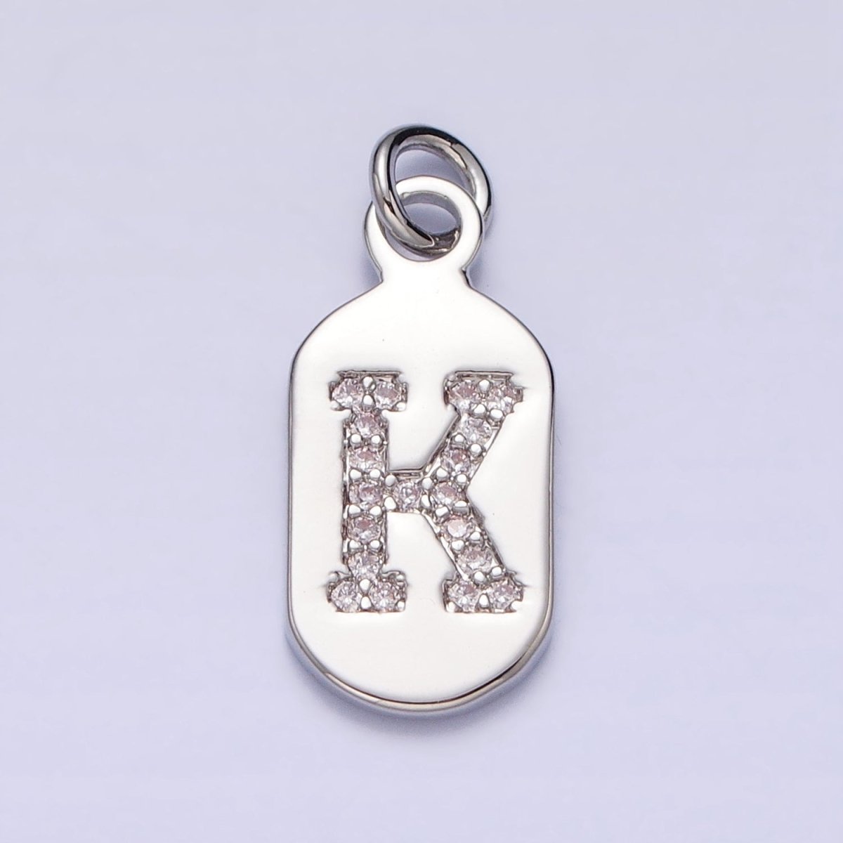 Silver Rectangular Tag CZ Clear Micro Paved Personalized Initial Alphabet Name Tag Charm | A-A1887-A-A1898