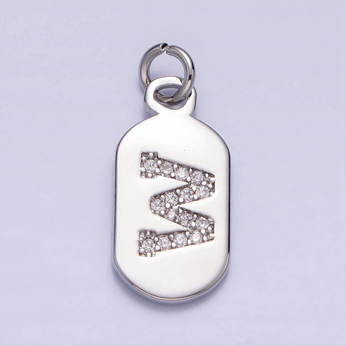 Silver Rectangular Tag CZ Clear Micro Paved Personalized Initial Alphabet Name Tag Charm | A-A1887-A-A1898