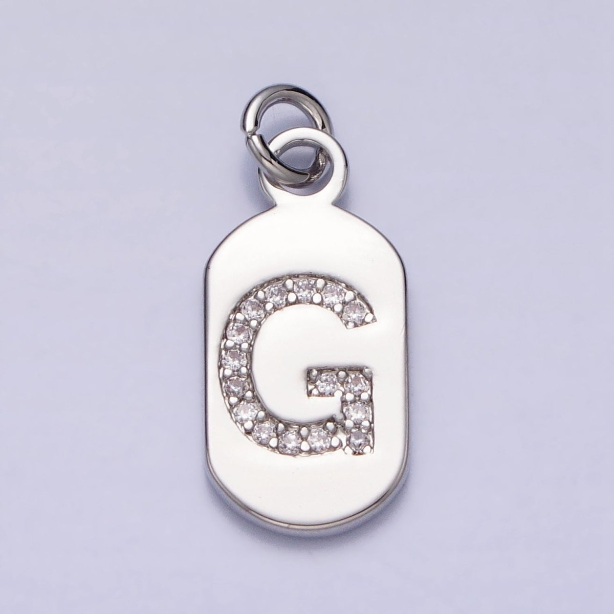 Silver Rectangular Tag CZ Clear Micro Paved Personalized Initial Alphabet Name Tag Charm | A-A1887-A-A1898