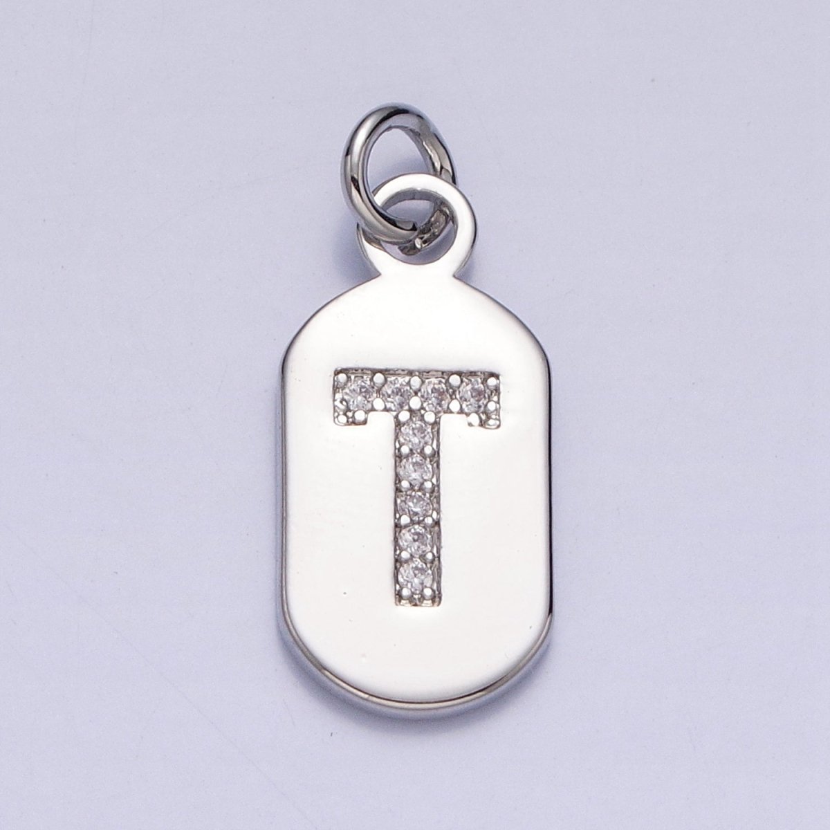 Silver Rectangular Tag CZ Clear Micro Paved Personalized Initial Alphabet Name Tag Charm | A-A1887-A-A1898