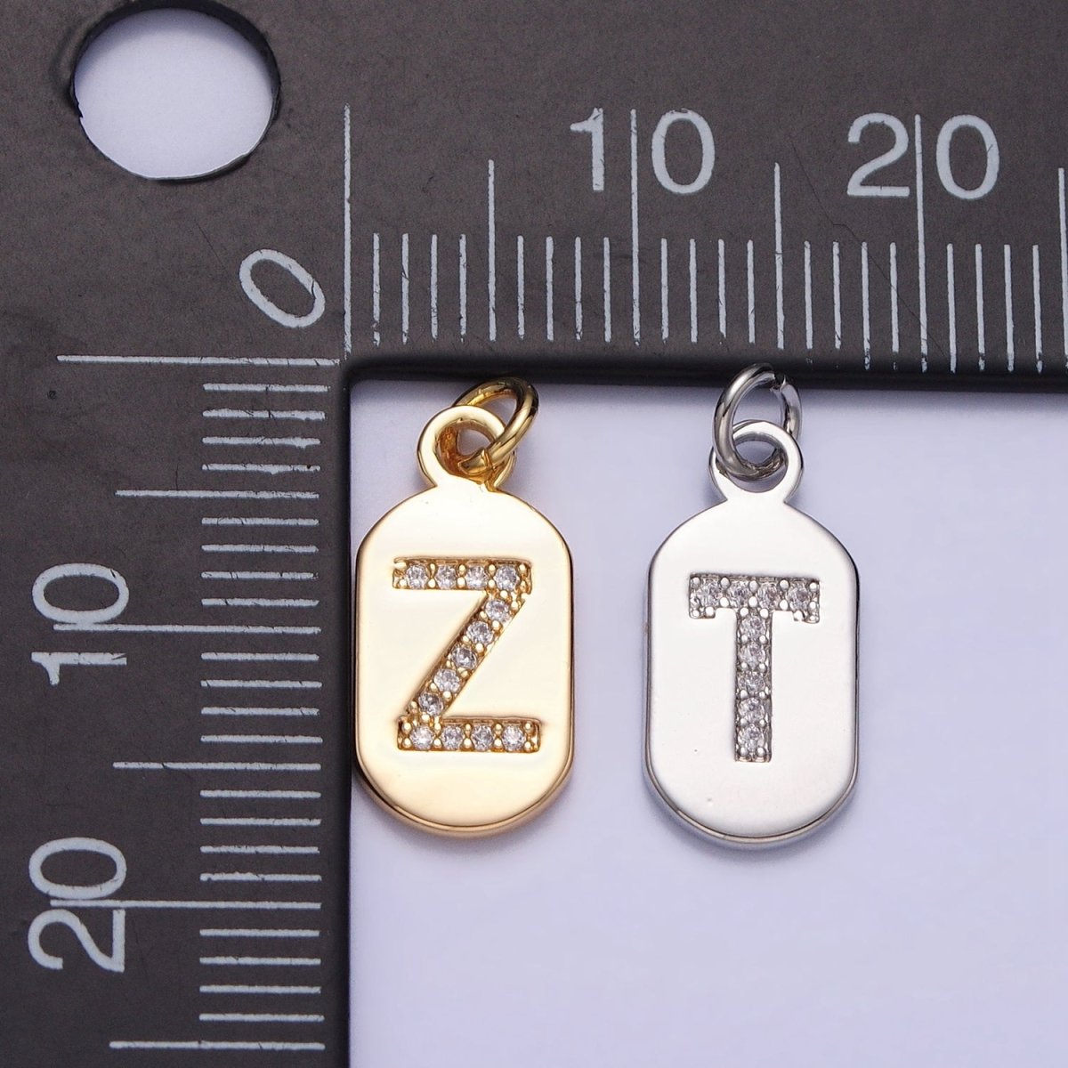 Silver Rectangular Tag CZ Clear Micro Paved Personalized Initial Alphabet Name Tag Charm | A-A1887-A-A1898