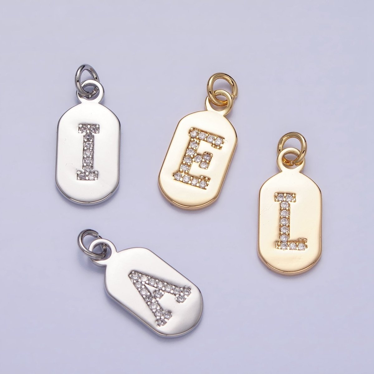 Silver Rectangular Tag CZ Clear Micro Paved Personalized Initial Alphabet Name Tag Charm | A-A1887-A-A1898