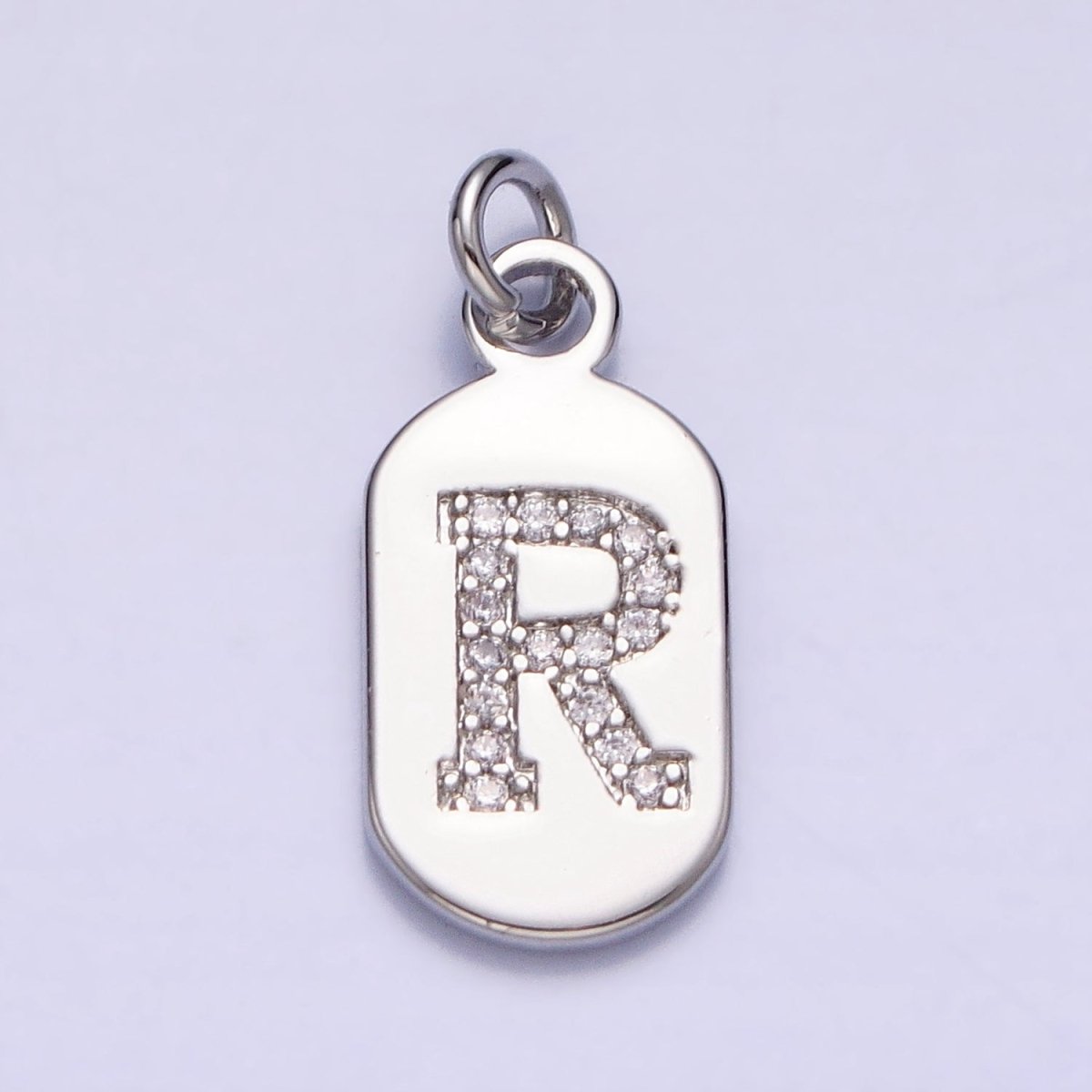 Silver Rectangular Tag CZ Clear Micro Paved Personalized Initial Alphabet Name Tag Charm | A-A1887-A-A1898