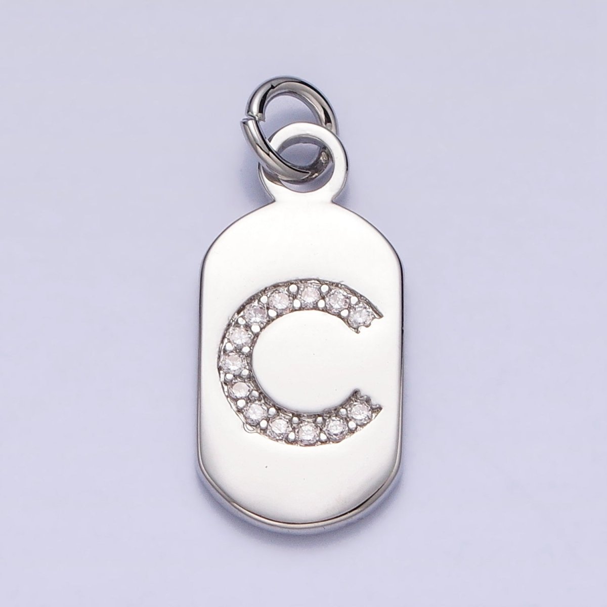 Silver Rectangular Tag CZ Clear Micro Paved Personalized Initial Alphabet Name Tag Charm | A-A1887-A-A1898