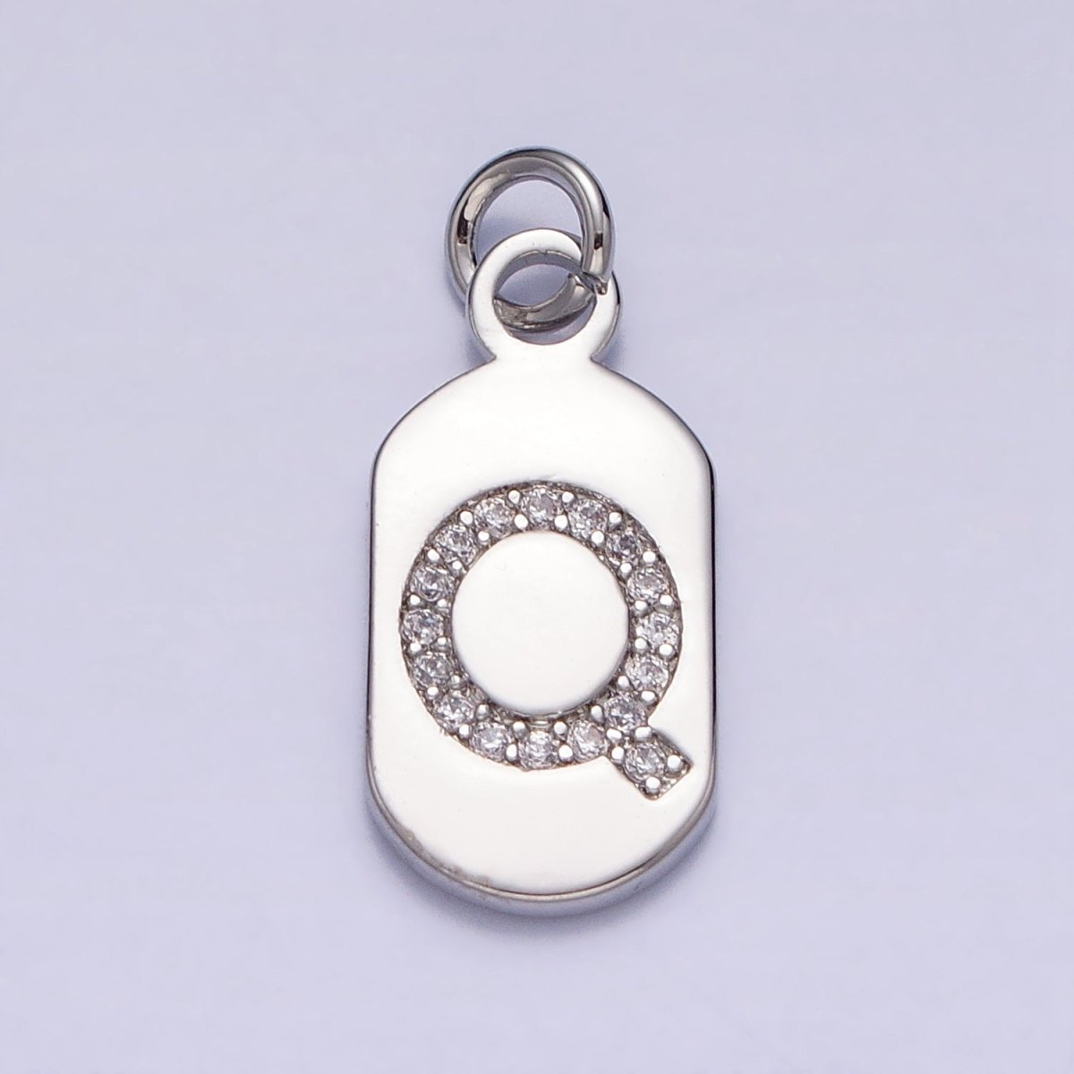 Silver Rectangular Tag CZ Clear Micro Paved Personalized Initial Alphabet Name Tag Charm | A-A1887-A-A1898