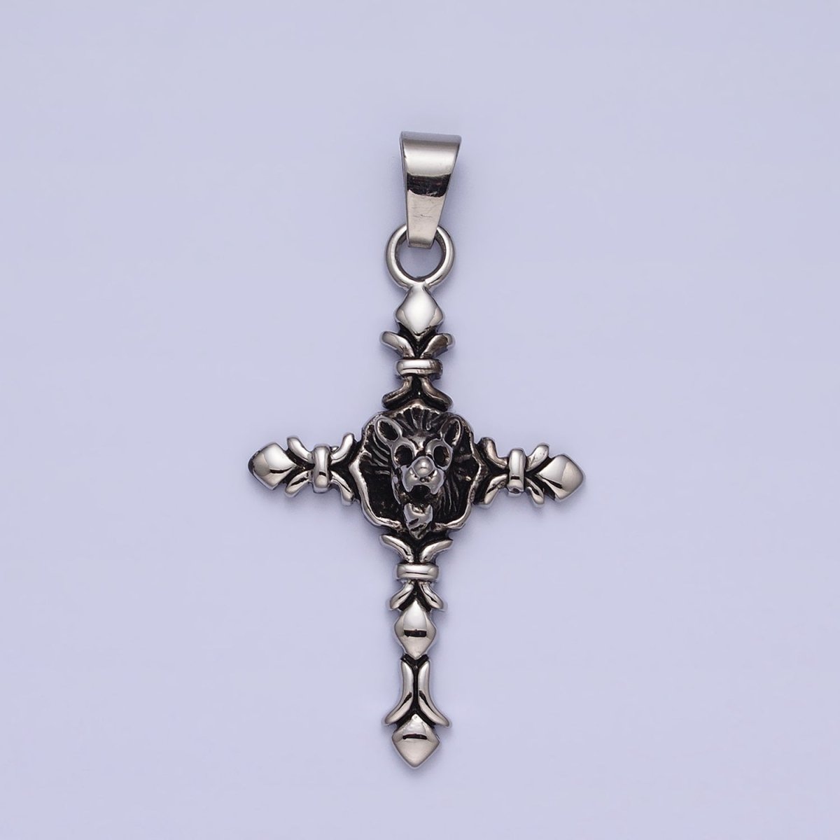 Silver Stainless Steel Religious Elaborate Cross Lion Skull Skeleton Pendant J-740