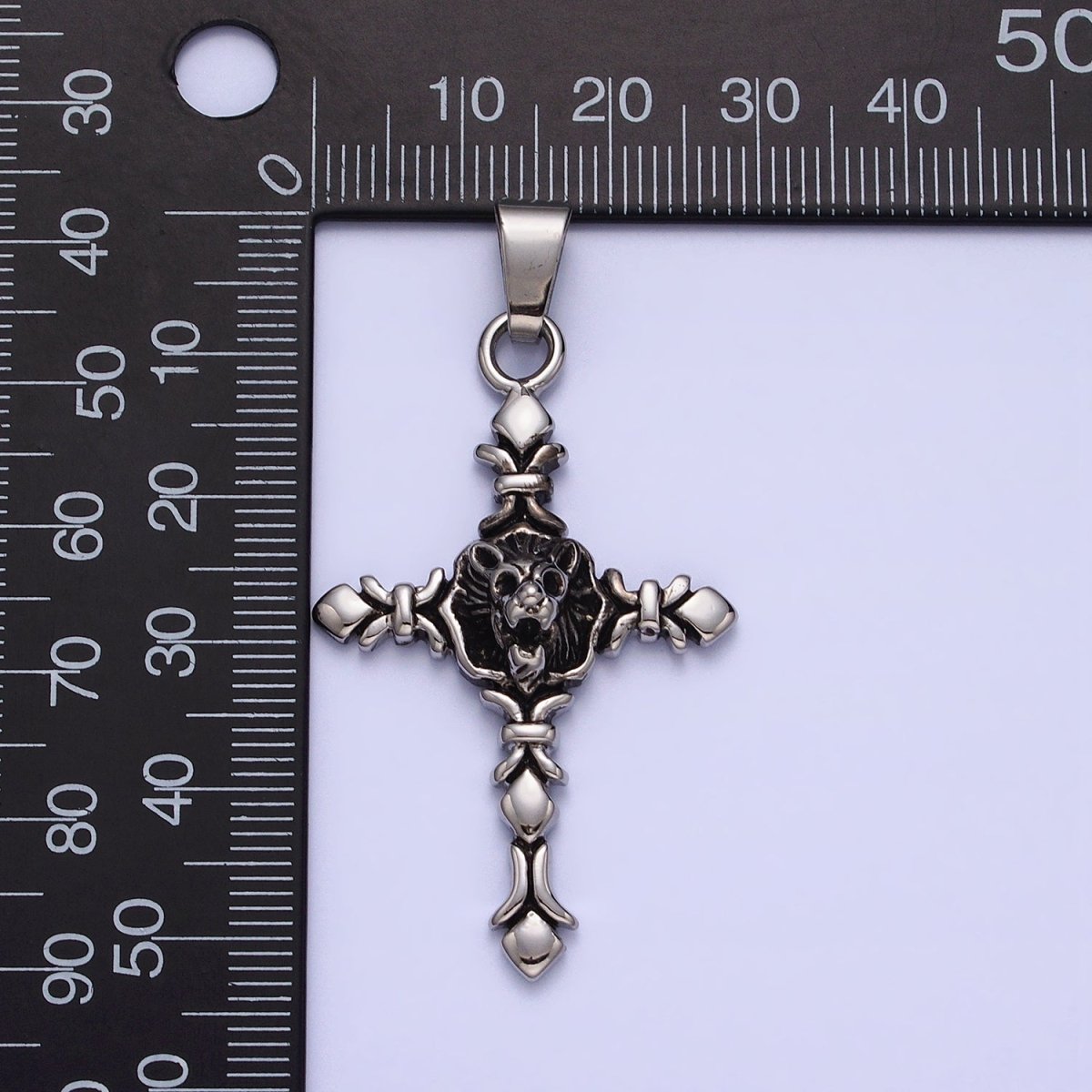 Silver Stainless Steel Religious Elaborate Cross Lion Skull Skeleton Pendant J-740