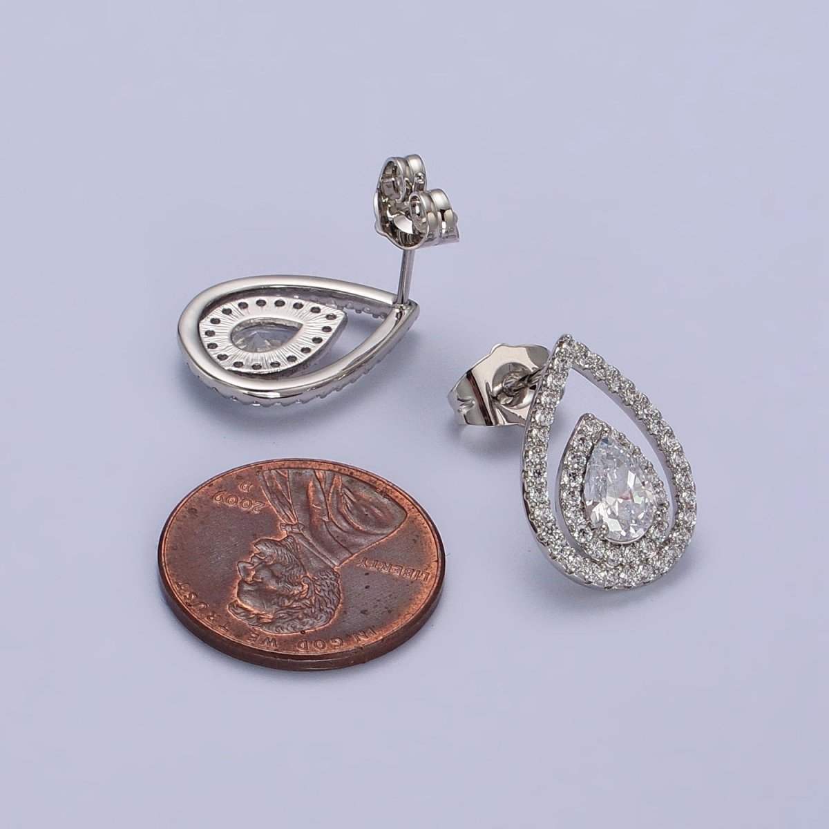 Silver Tear Drop Earring Stud with Cubic Zirconia Stone Micro Pave Pear CZ Stone AB1032