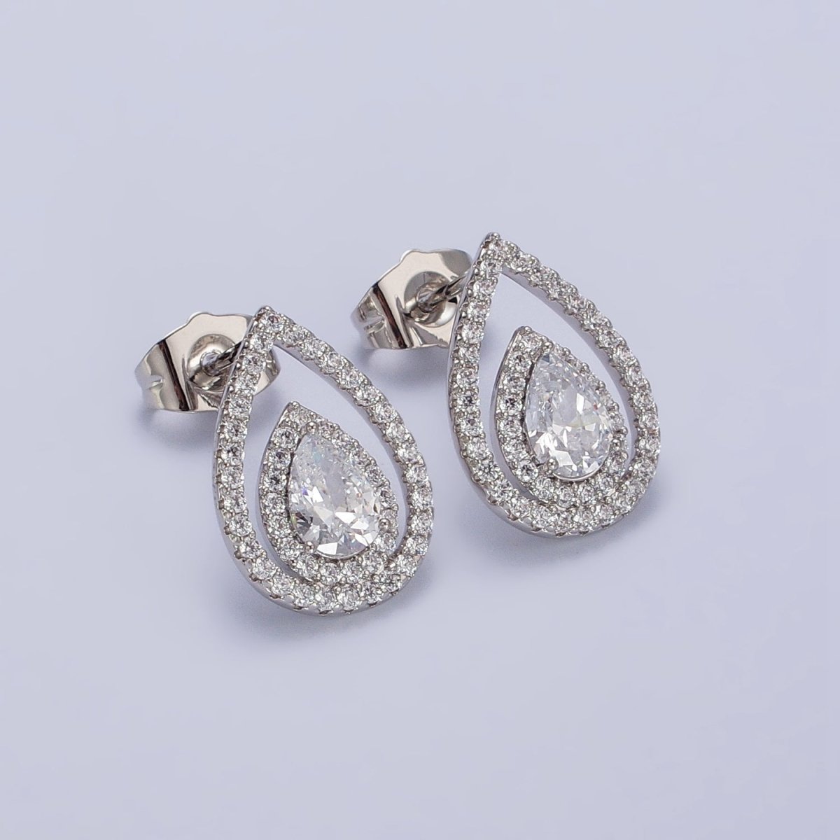Silver Tear Drop Earring Stud with Cubic Zirconia Stone Micro Pave Pear CZ Stone AB1032