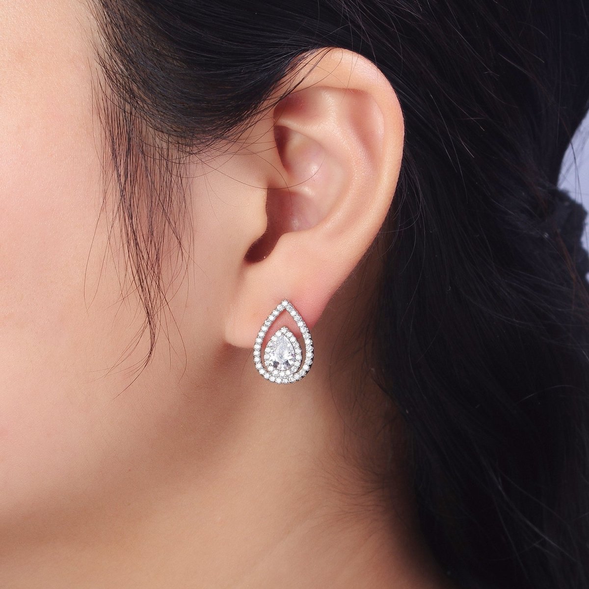 Silver Tear Drop Earring Stud with Cubic Zirconia Stone Micro Pave Pear CZ Stone AB1032