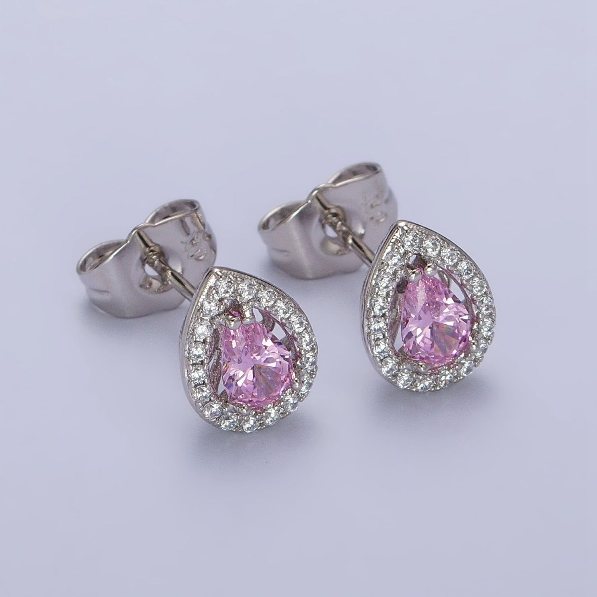 Silver Tear Drop Earring Stud with Pink Cubic Zirconia Stone Micro Pave Pear CZ Stone AB1035