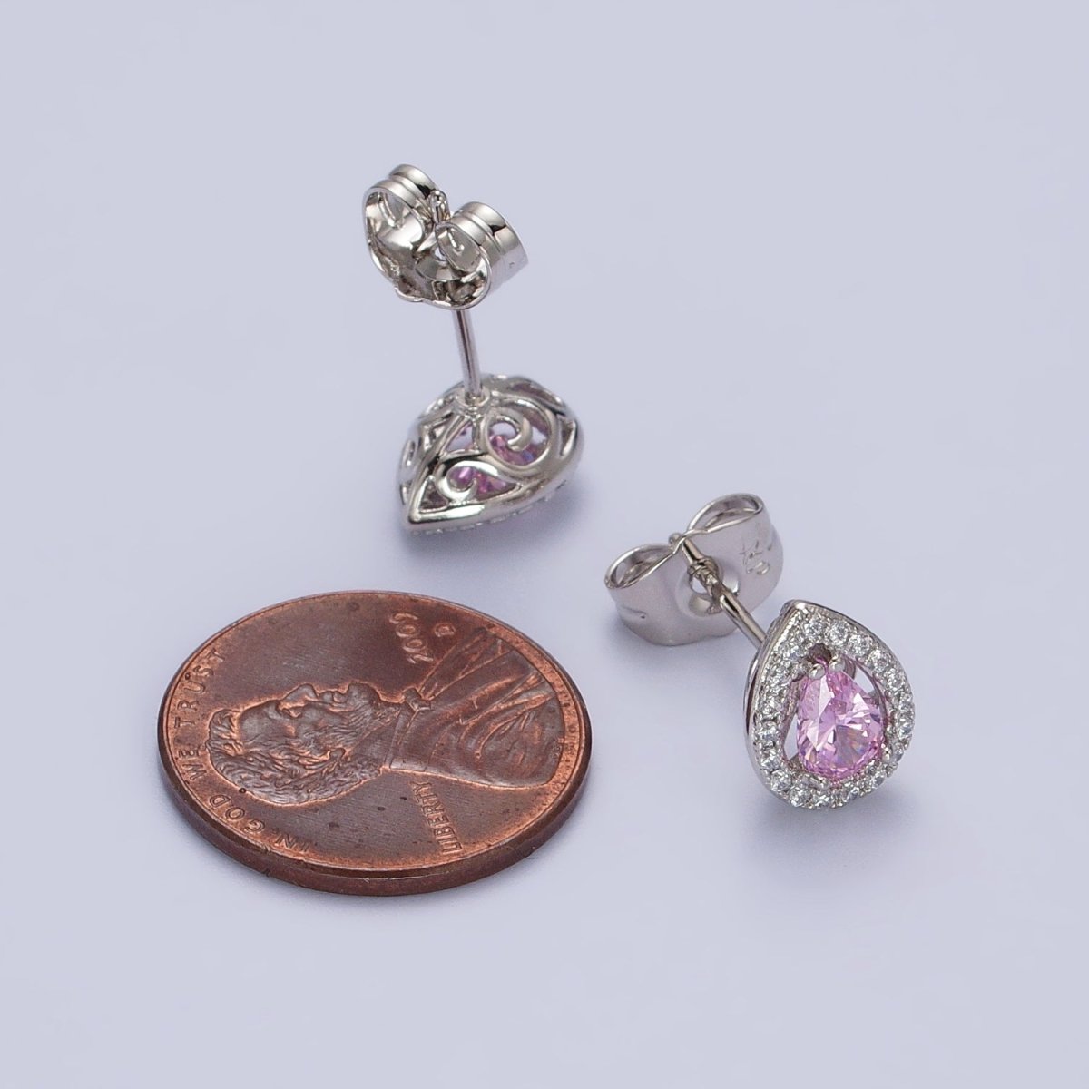 Silver Tear Drop Earring Stud with Pink Cubic Zirconia Stone Micro Pave Pear CZ Stone AB1035