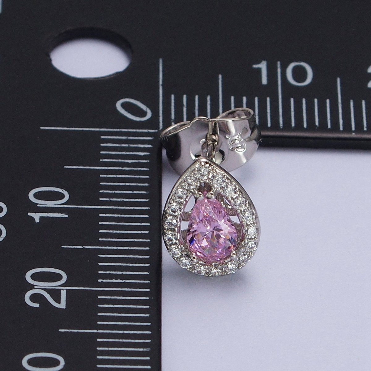 Silver Tear Drop Earring Stud with Pink Cubic Zirconia Stone Micro Pave Pear CZ Stone AB1035