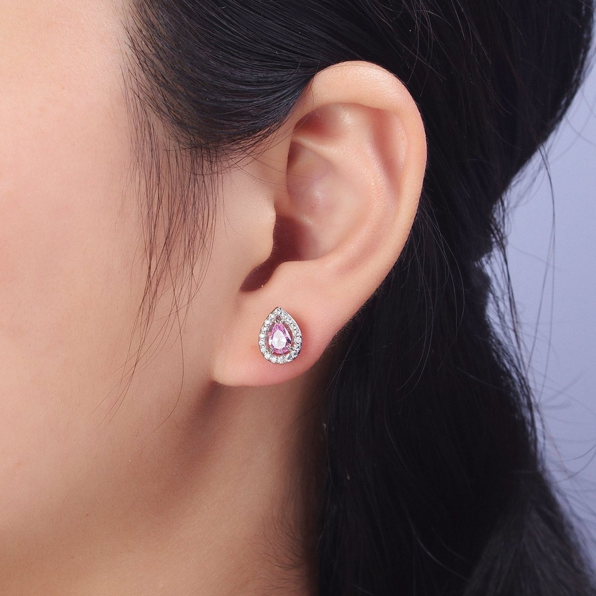 Silver Tear Drop Earring Stud with Pink Cubic Zirconia Stone Micro Pave Pear CZ Stone AB1035