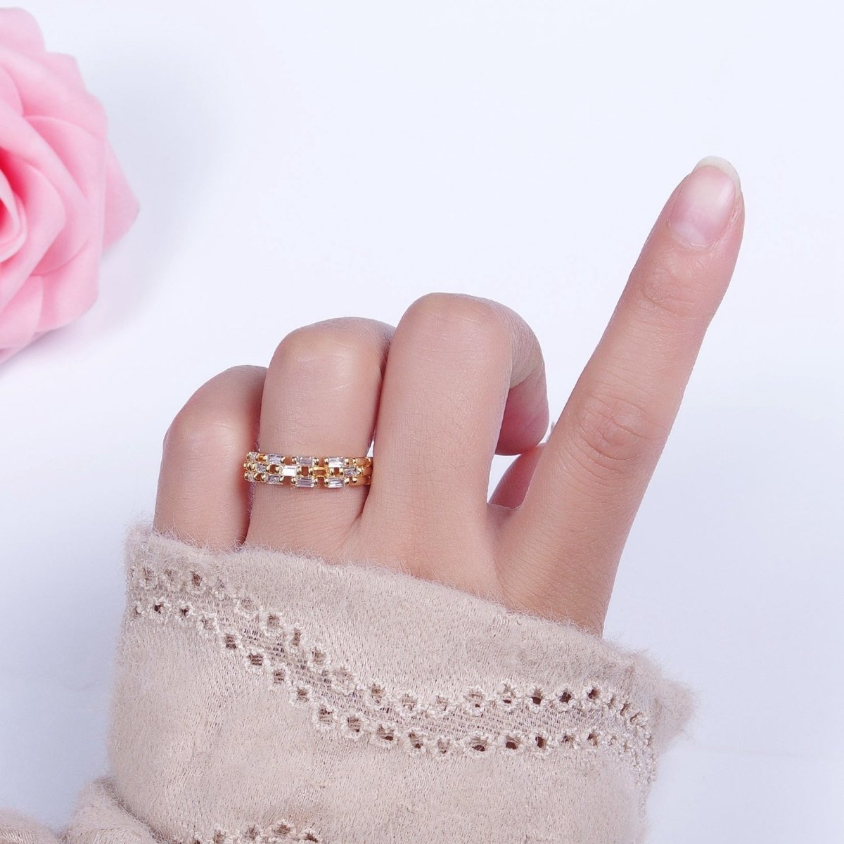 Simple Gold Bold Cuban Chain Ring Cubic Zirconia Stone Adjustable Promise Ring U-221