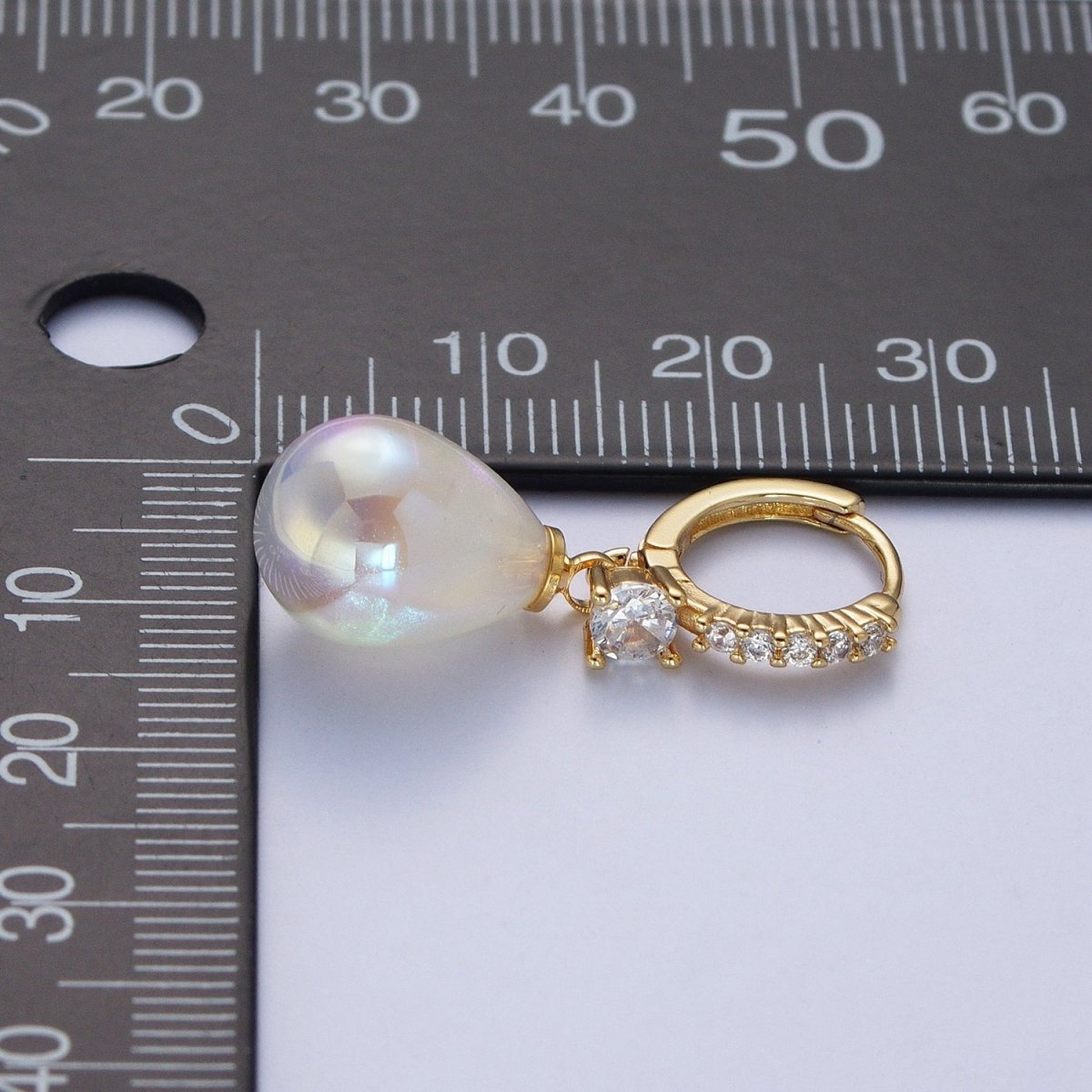 Simple Minimalist Micro Pave Cubic Zirconia Earrings, 24K Gold Filled Huggie Small Hoop Earrings with Round AB Color Pear Shape Ball AD-474