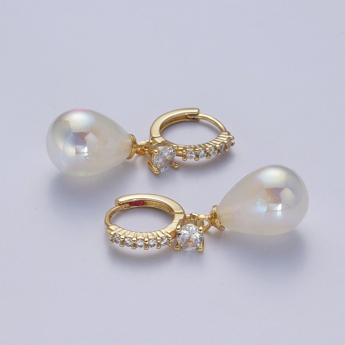 Simple Minimalist Micro Pave Cubic Zirconia Earrings, 24K Gold Filled Huggie Small Hoop Earrings with Round AB Color Pear Shape Ball AD-474