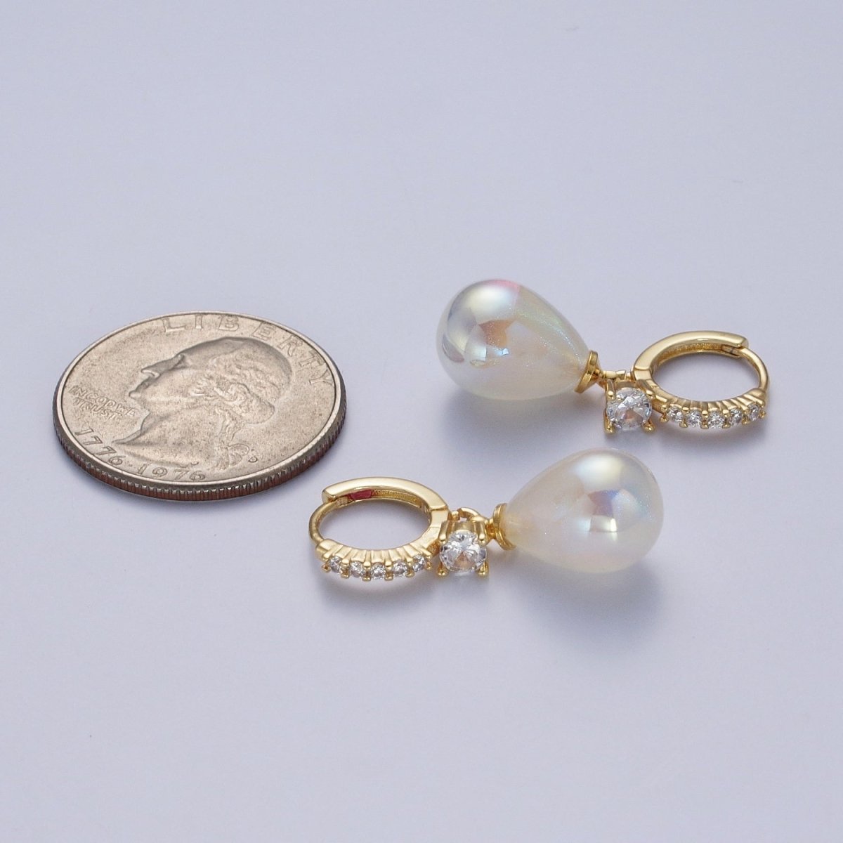 Simple Minimalist Micro Pave Cubic Zirconia Earrings, 24K Gold Filled Huggie Small Hoop Earrings with Round AB Color Pear Shape Ball AD-474