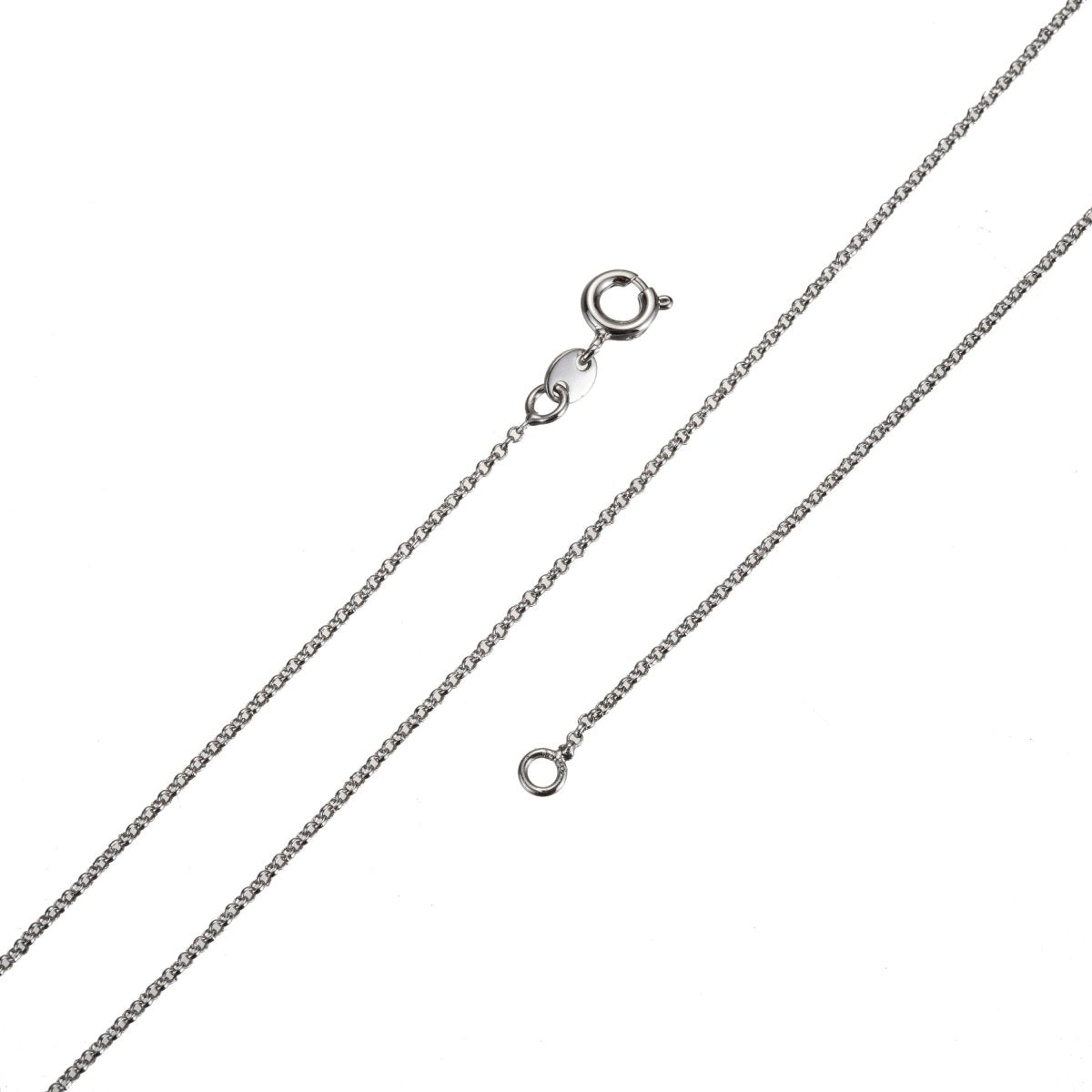 Simple Silver Chain Necklace, Dainty Rolo Necklace 17.7 inch, 1mm Dainty everyday necklace for Men Woman Unisex Chain, White Gold Rolo w/ Spring Ring | CN-643