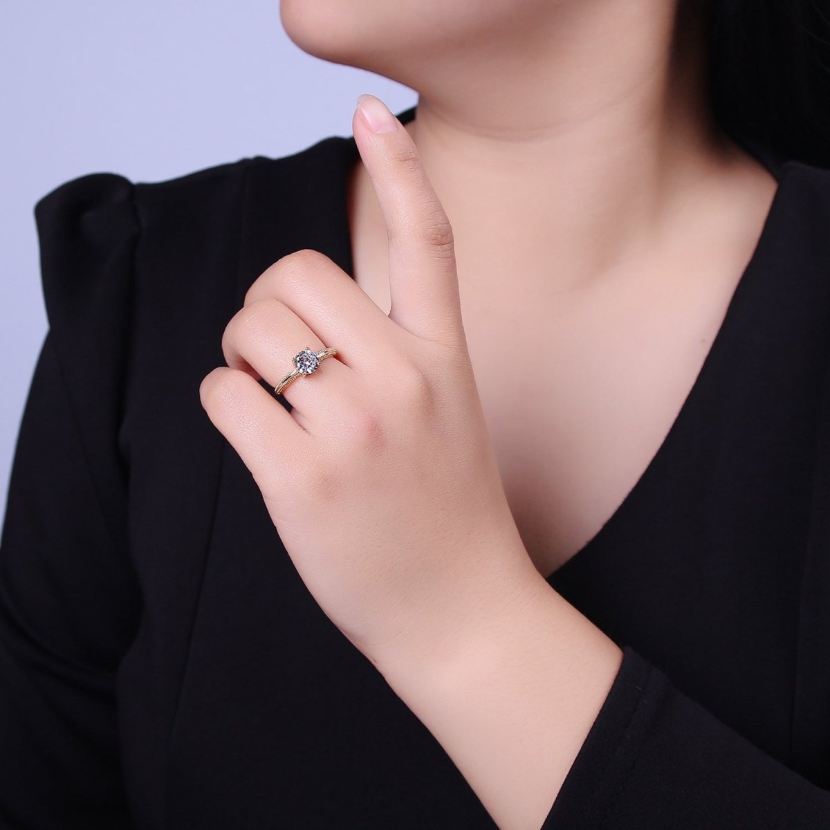 Single Stone Solitaire Ring Gold band Open Adjustable Ring O-2034