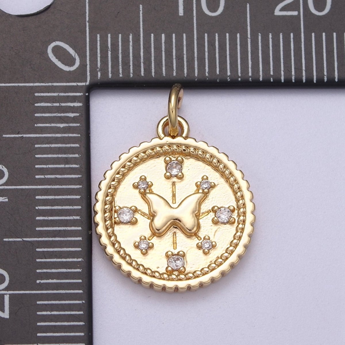 Small Butterfly Charm Pendant 16K Gold Filled CZ Micro Pave Small Coin Charm Pendant Necklace N-282