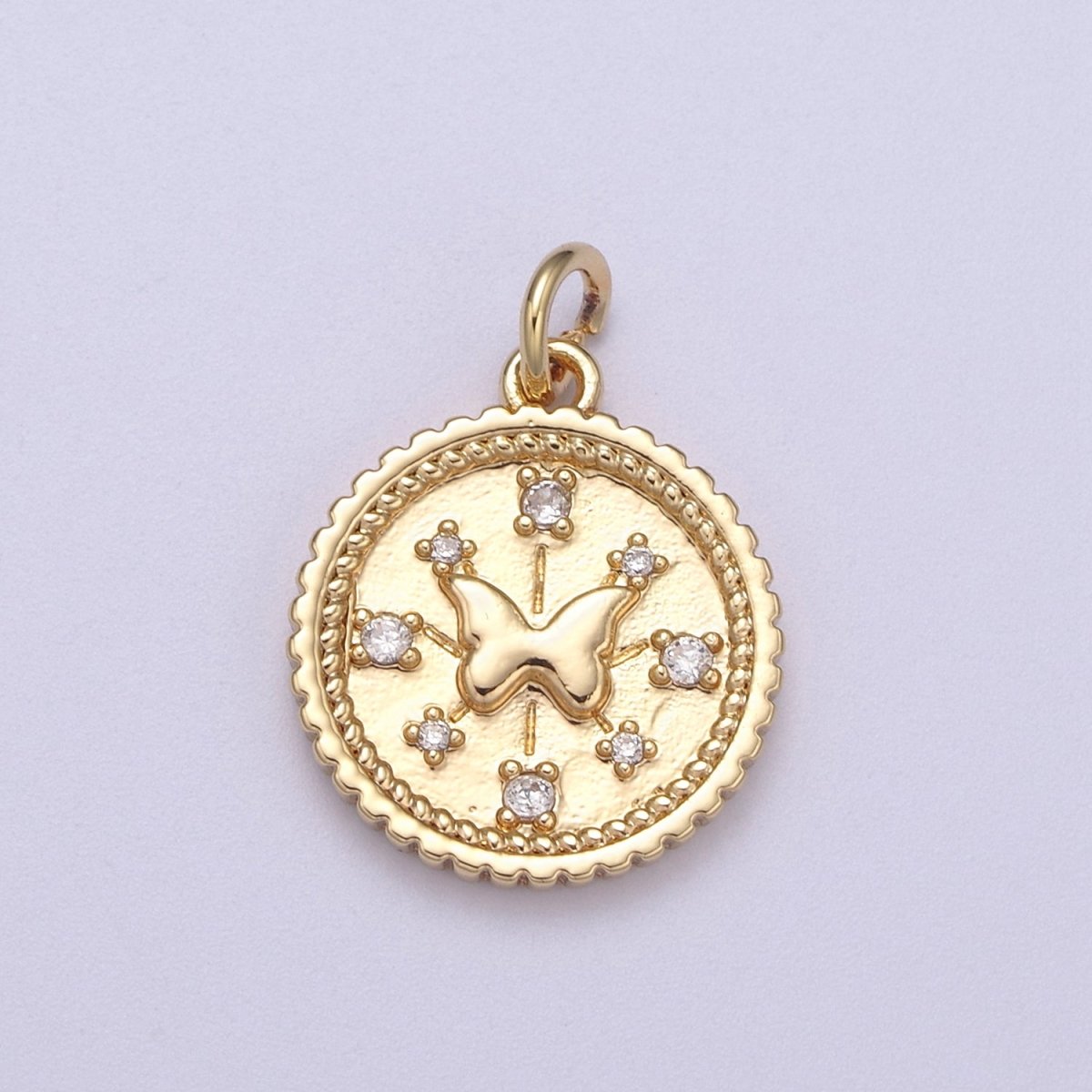 Small Butterfly Charm Pendant 16K Gold Filled CZ Micro Pave Small Coin Charm Pendant Necklace N-282