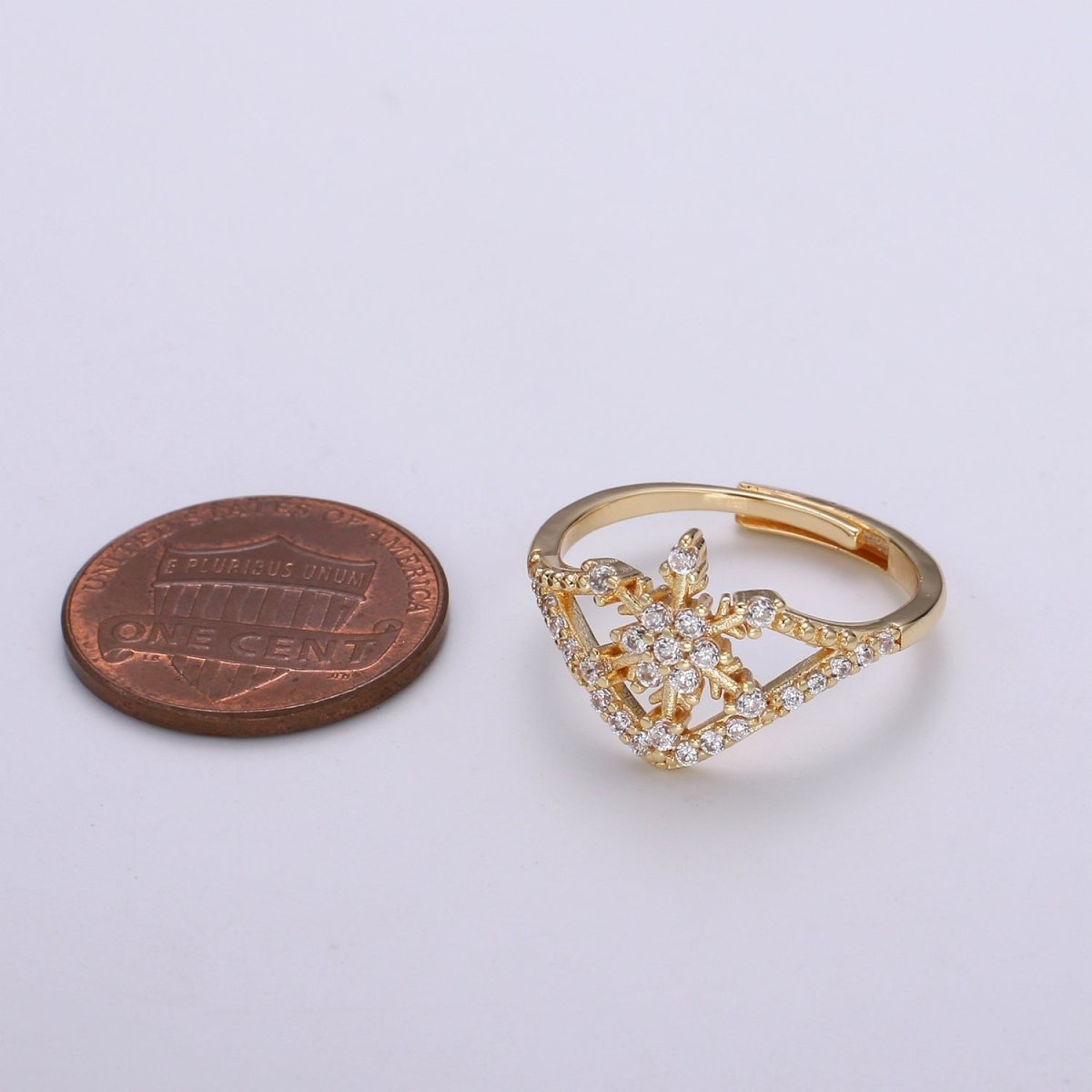 Snowflake Cubic Mini Pendant, Winter Cubic Pave 18K Gold Filled Open Adjustable Ring