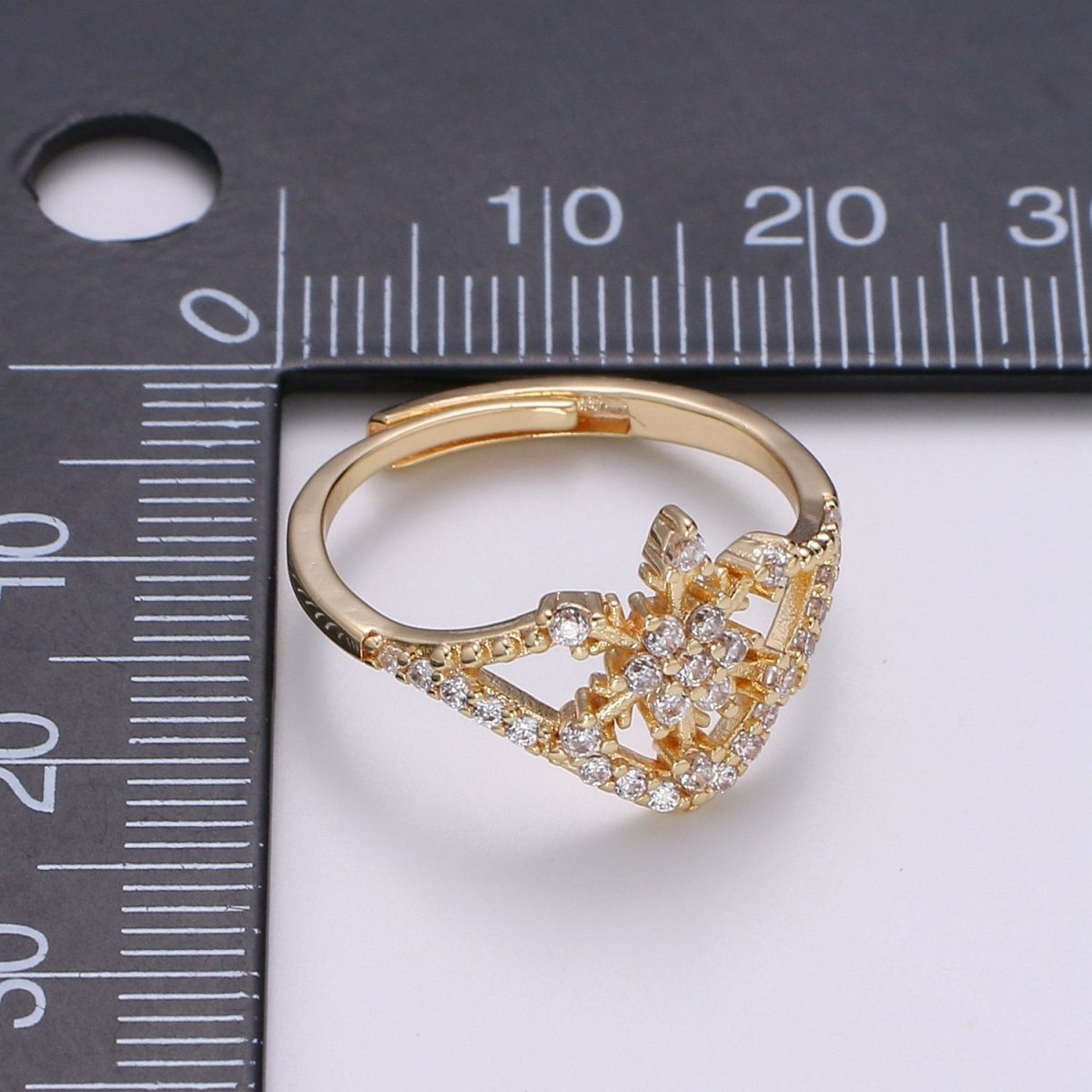 Snowflake Cubic Mini Pendant, Winter Cubic Pave 18K Gold Filled Open Adjustable Ring