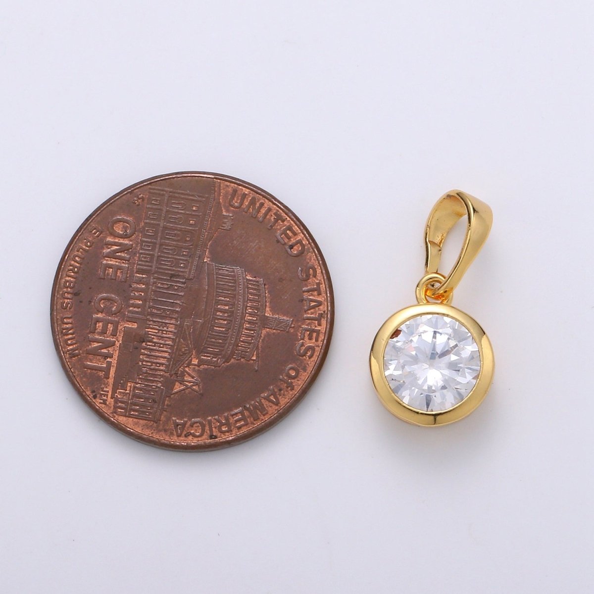 Solitaire Round Cubic Zirconia in Bezel Charm Pendant, 24K Gold Filled Charm for Dangle Necklace Bracelet Earring Supply J-076