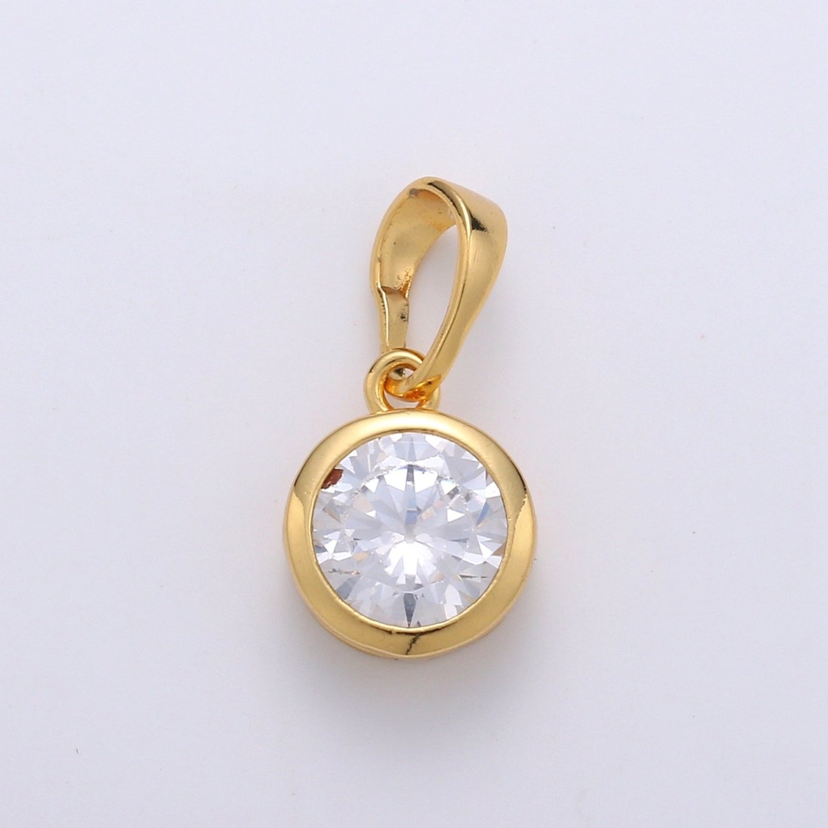 Solitaire Round Cubic Zirconia in Bezel Charm Pendant, 24K Gold Filled Charm for Dangle Necklace Bracelet Earring Supply J-076