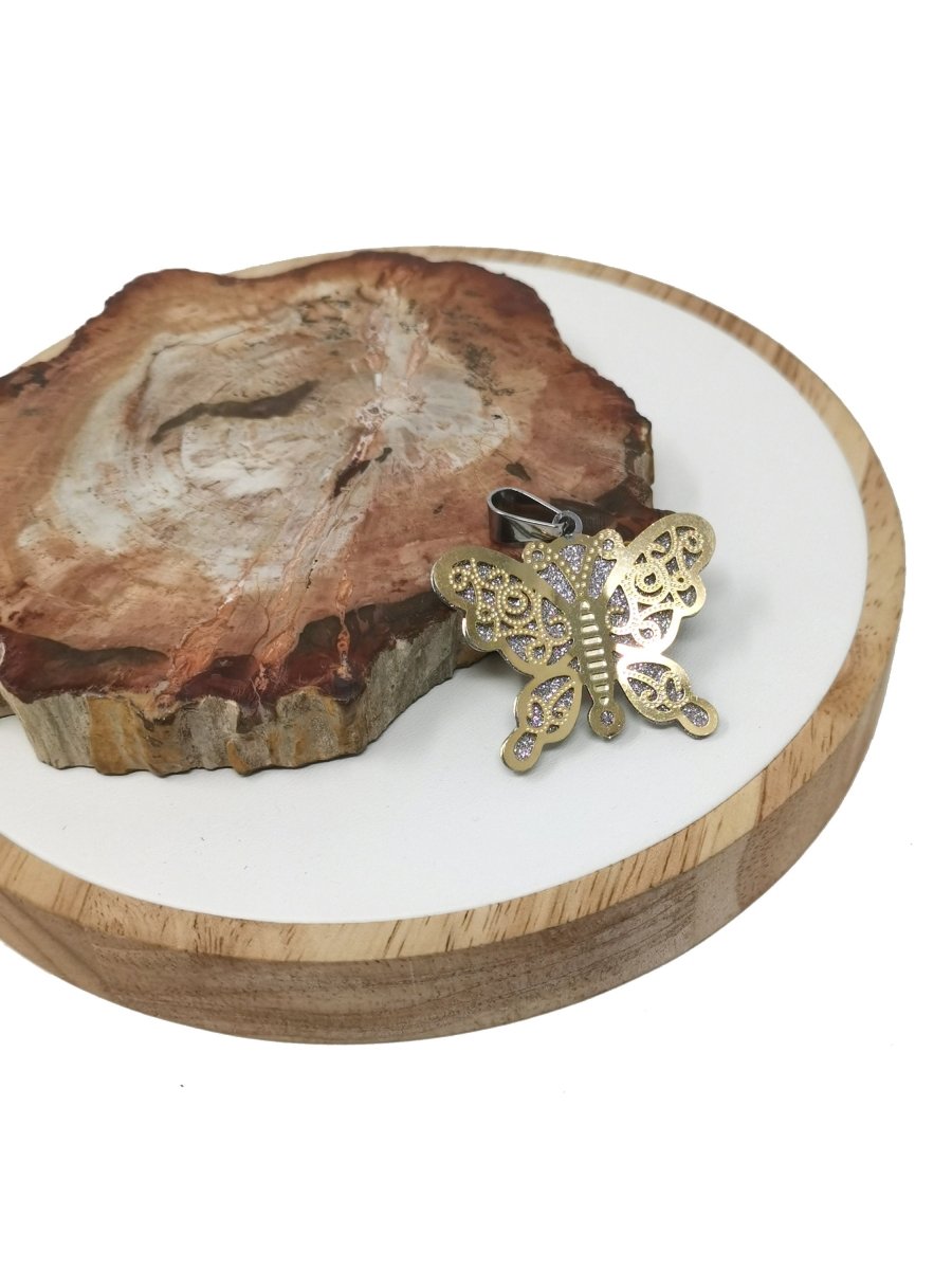 Sparkle Gold Butterfly Pendant Silver Butterfly Charm In Stainless Steel 40x36mm J-738