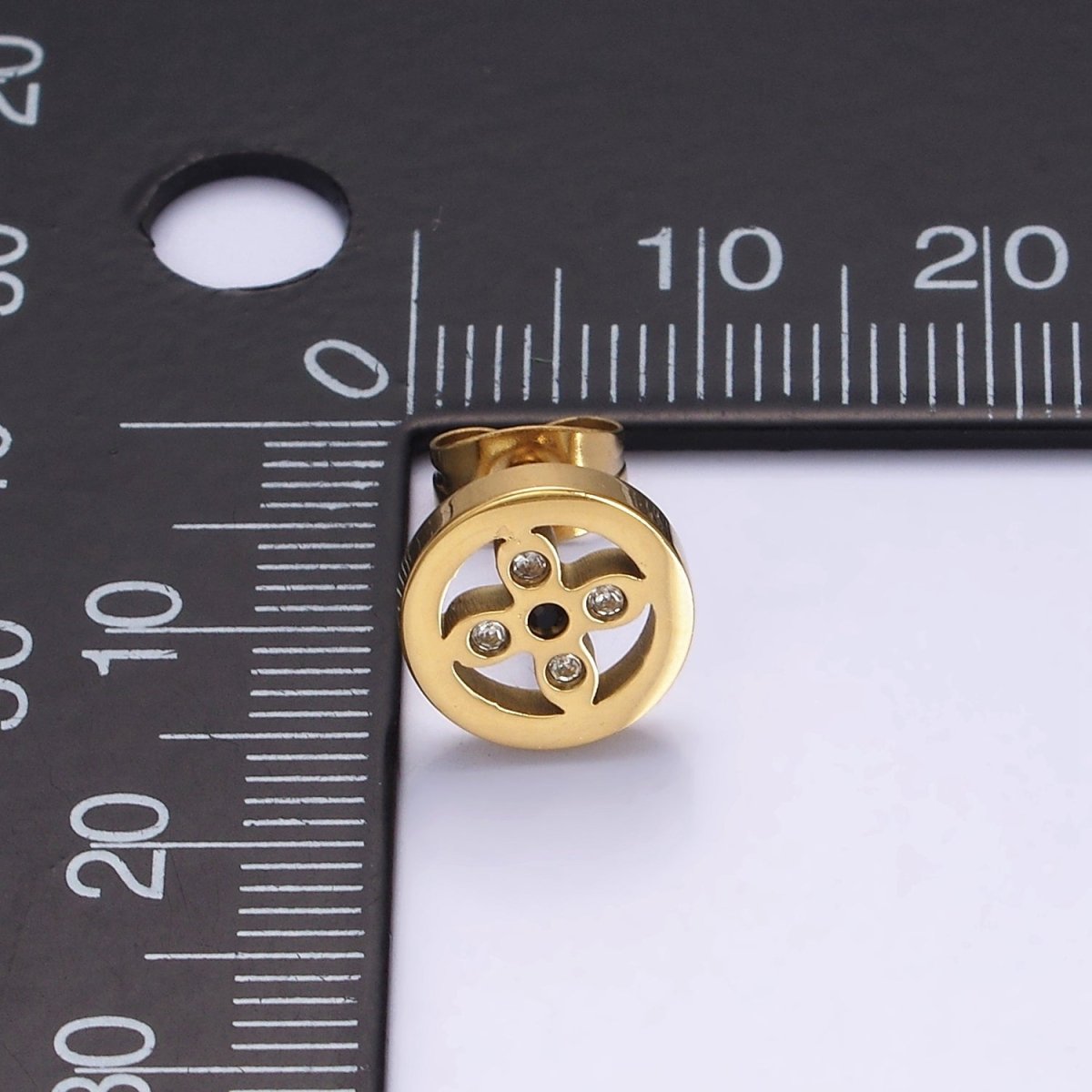 Stainless Steel 10mm Clear CZ Quatrefoil Flower Open Round Stud Earrings | AE730