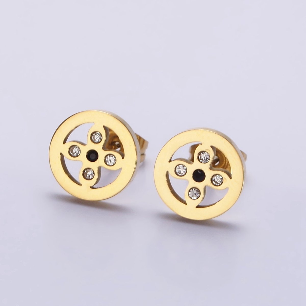 Stainless Steel 10mm Clear CZ Quatrefoil Flower Open Round Stud Earrings | AE730