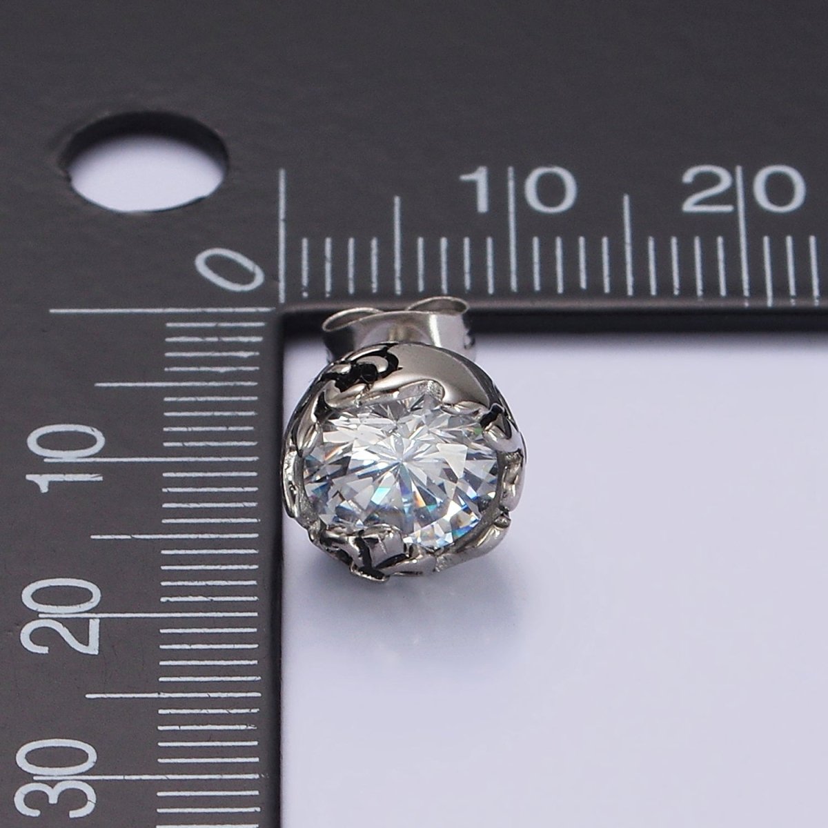 Stainless Steel 10mm Clear Round CZ Fleur De Lis Engraved Stud Earrings | AE690