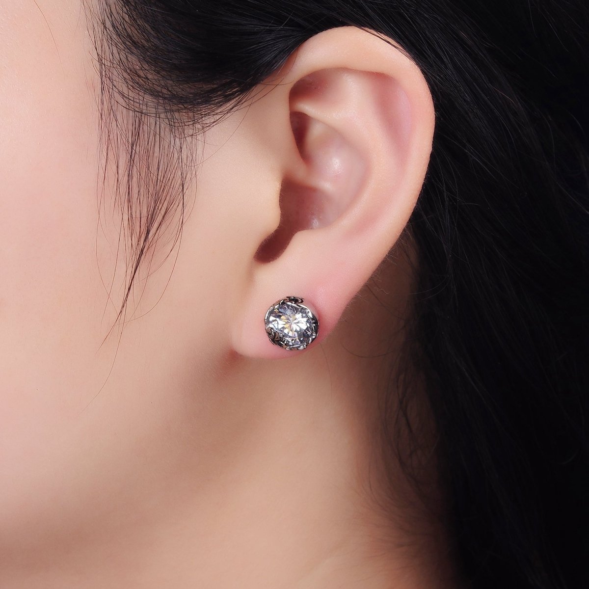 Stainless Steel 10mm Clear Round CZ Fleur De Lis Engraved Stud Earrings | AE690