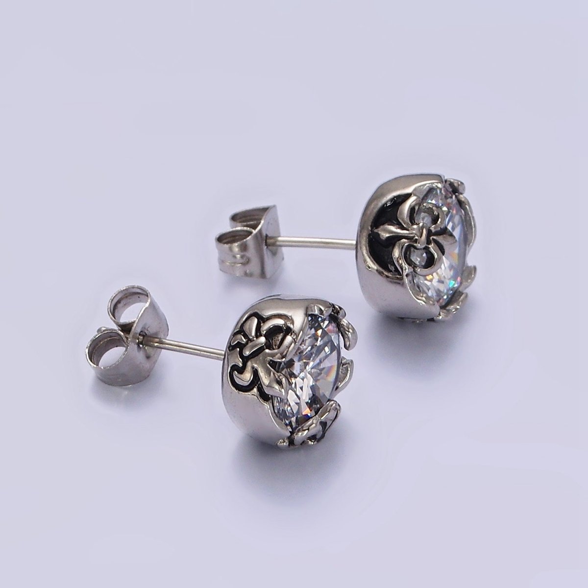 Stainless Steel 10mm Clear Round CZ Fleur De Lis Engraved Stud Earrings | AE690