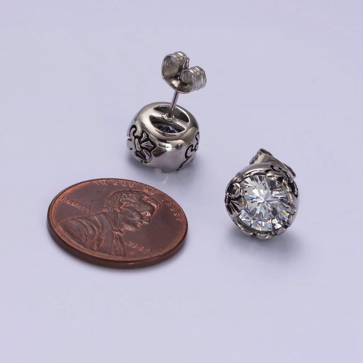 Stainless Steel 10mm Clear Round CZ Fleur De Lis Engraved Stud Earrings | AE690