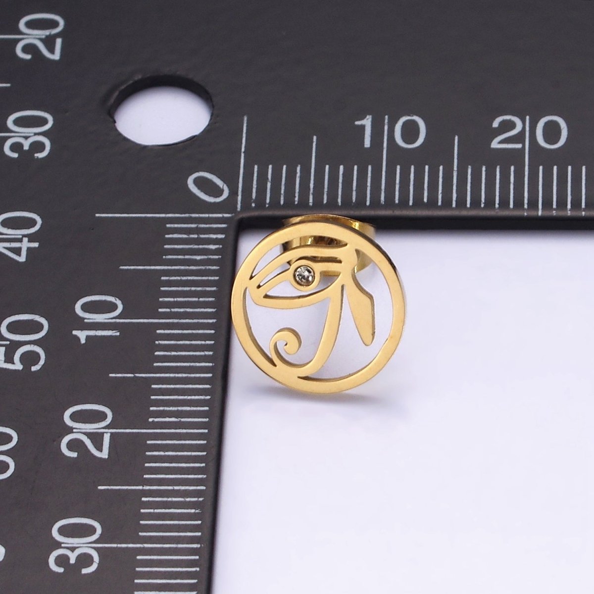 Stainless Steel 11.7mm Clear CZ Evil Eye of Ra Open Round Stud Earrings in Silver | AE871