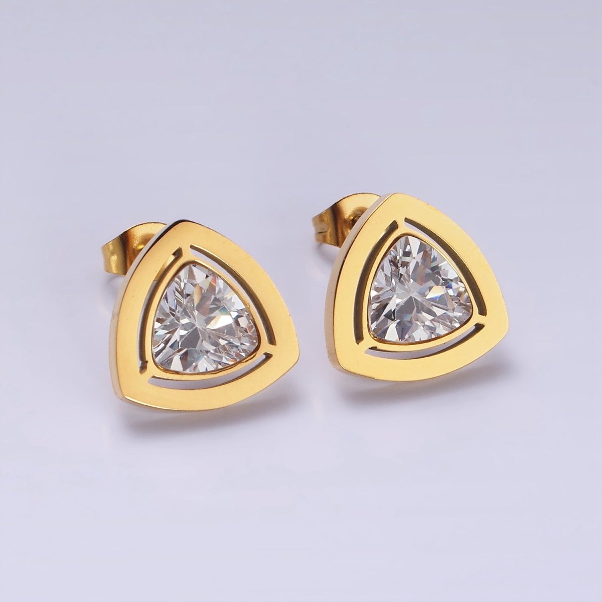 Stainless Steel 14mm Clear CZ Triangle Bezel Stud Earrings in Gold & Silver | AB1119 AB1120