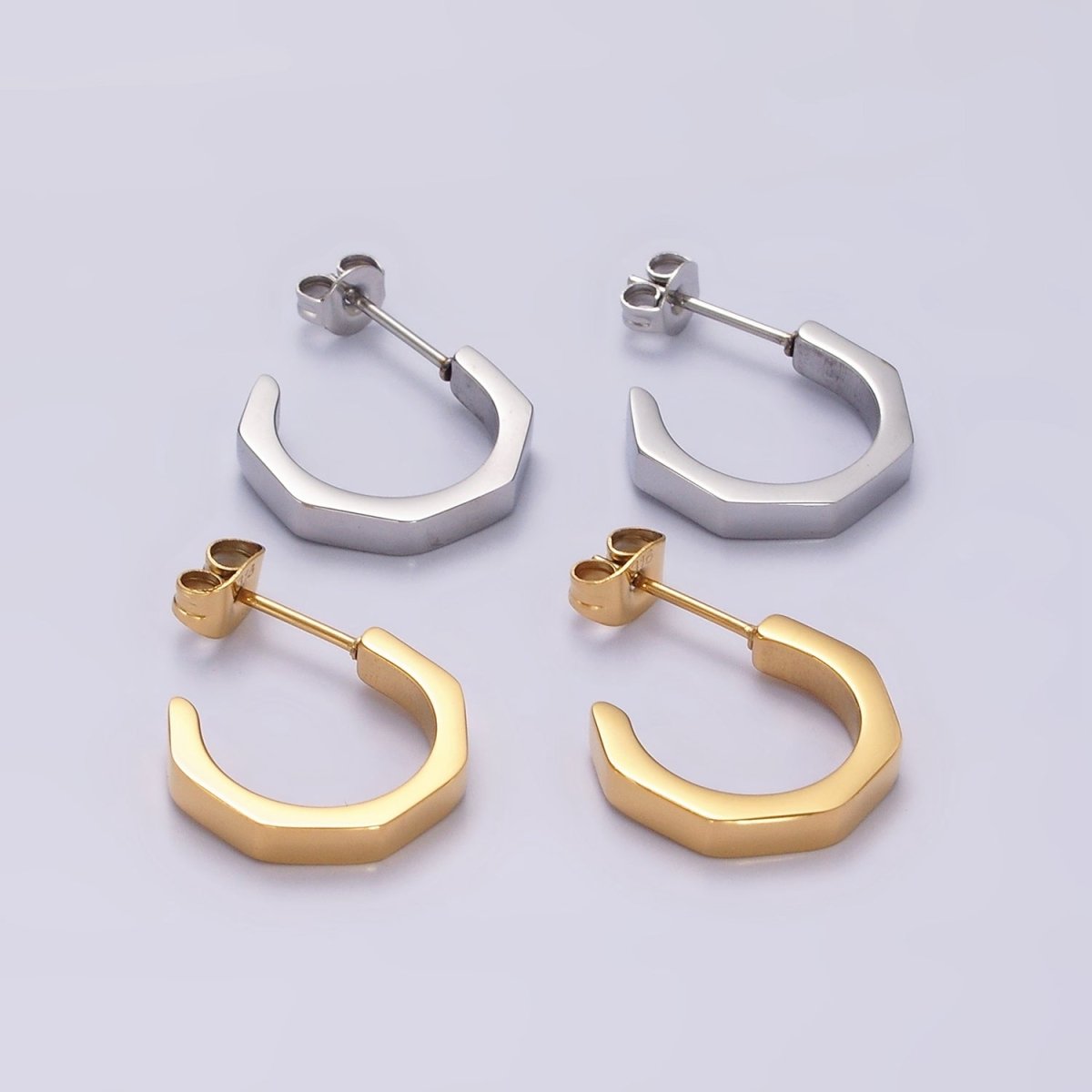 Stainless Steel 16mm Octagonal C-Shaped Hoop Earrings in Gold & Silver | V199